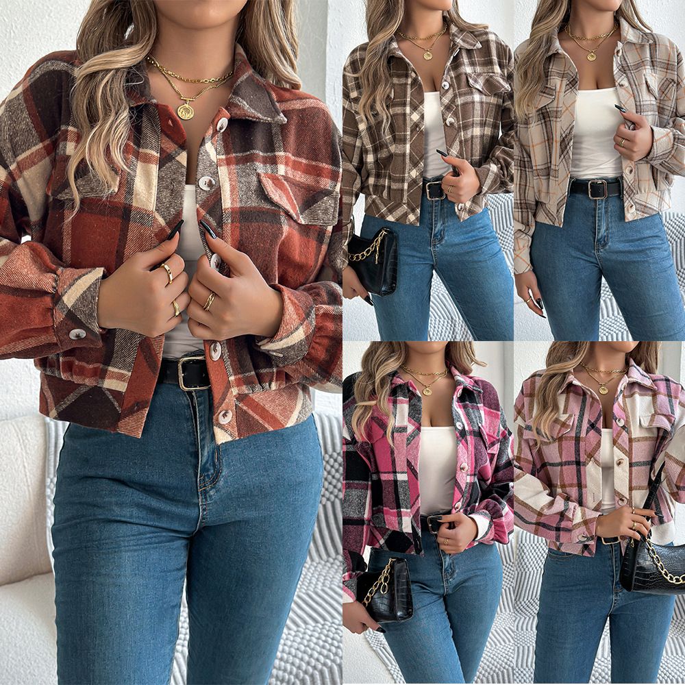 New Arrival Fall Ladies Tops Blouses Crop Top Button Up Long Sleeve Flannel Plaid Shirts For Women Blouses Jacket Coats