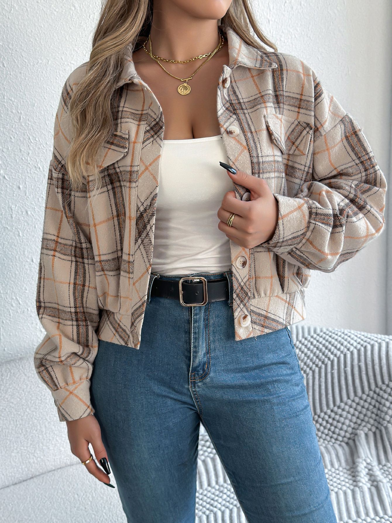 New Arrival Fall Ladies Tops Blouses Crop Top Button Up Long Sleeve Flannel Plaid Shirts For Women Blouses Jacket Coats