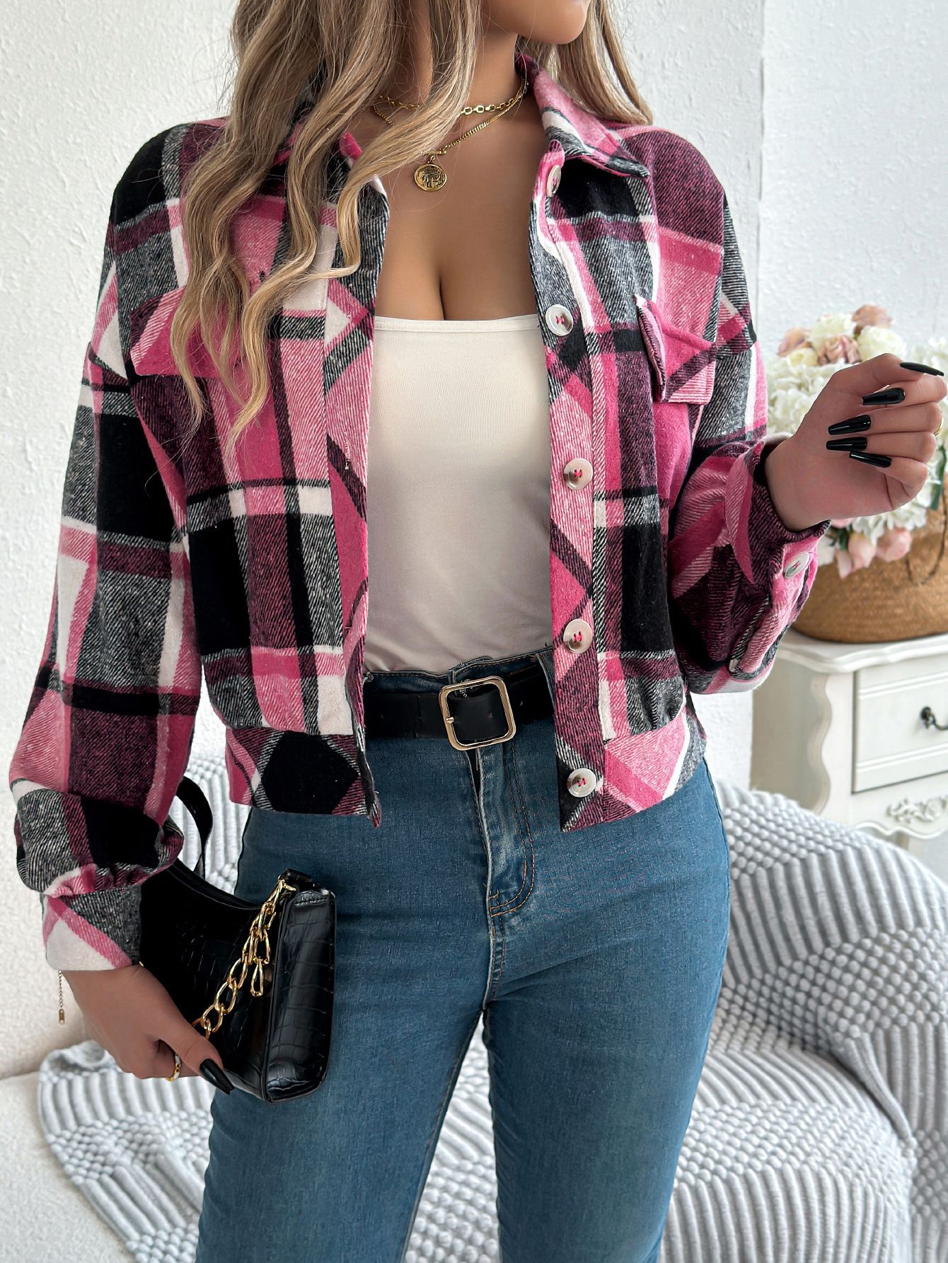 New Arrival Fall Ladies Tops Blouses Crop Top Button Up Long Sleeve Flannel Plaid Shirts For Women Blouses Jacket Coats