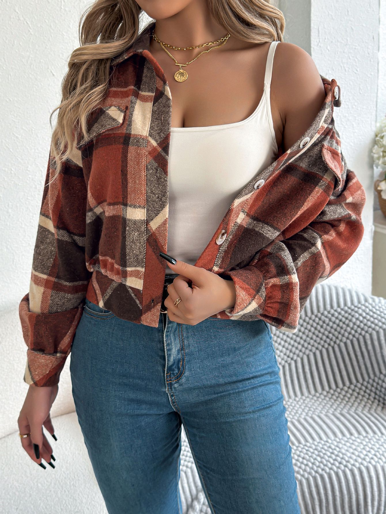New Arrival Fall Ladies Tops Blouses Crop Top Button Up Long Sleeve Flannel Plaid Shirts For Women Blouses Jacket Coats