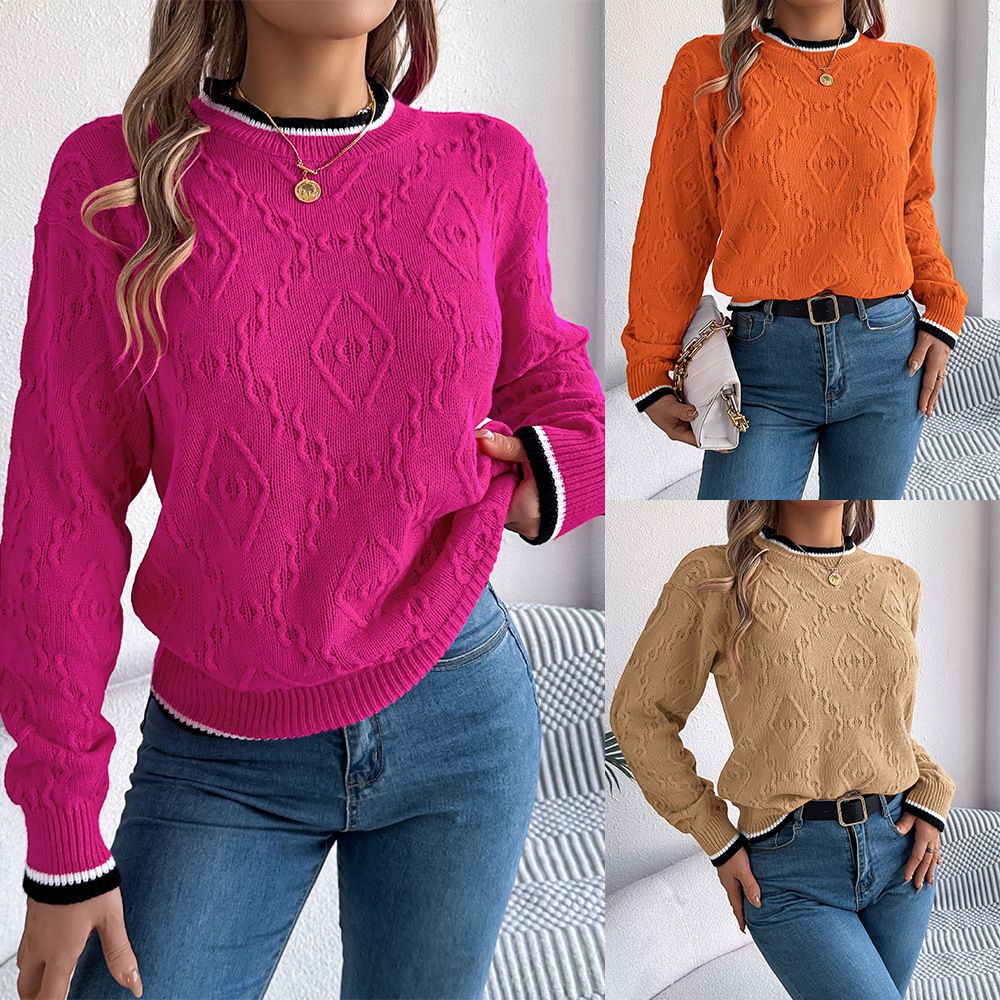 Women's Wool Cashmere Striped Jacquard Top Fluffy Turtleneck Cardigan with Knitted Crew Neck Sweater