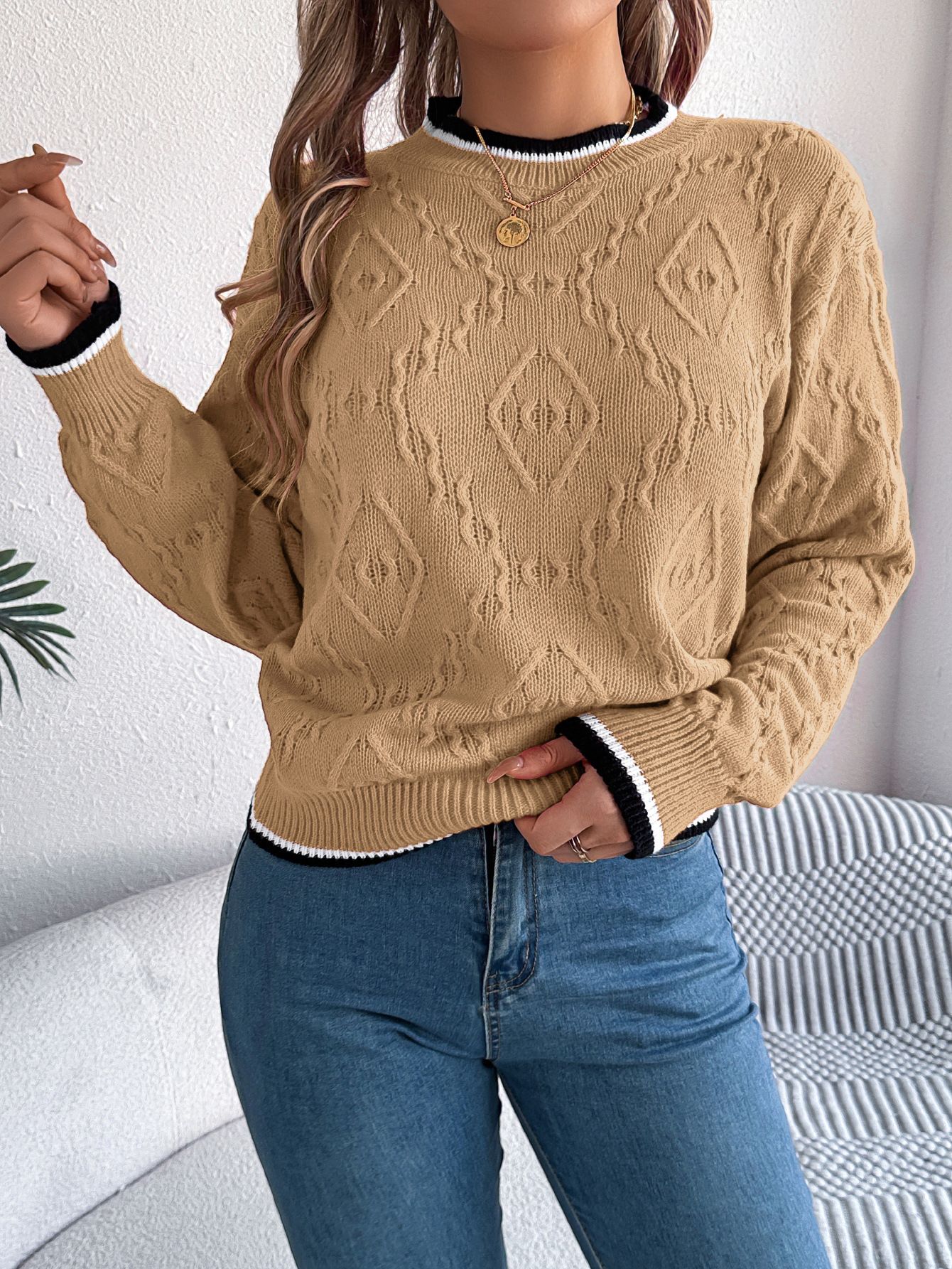 Women's Wool Cashmere Striped Jacquard Top Fluffy Turtleneck Cardigan with Knitted Crew Neck Sweater