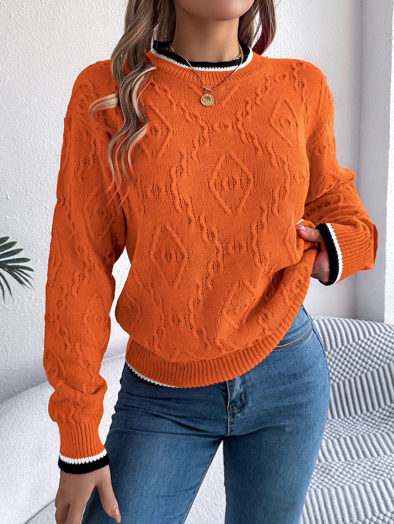 Women's Wool Cashmere Striped Jacquard Top Fluffy Turtleneck Cardigan with Knitted Crew Neck Sweater