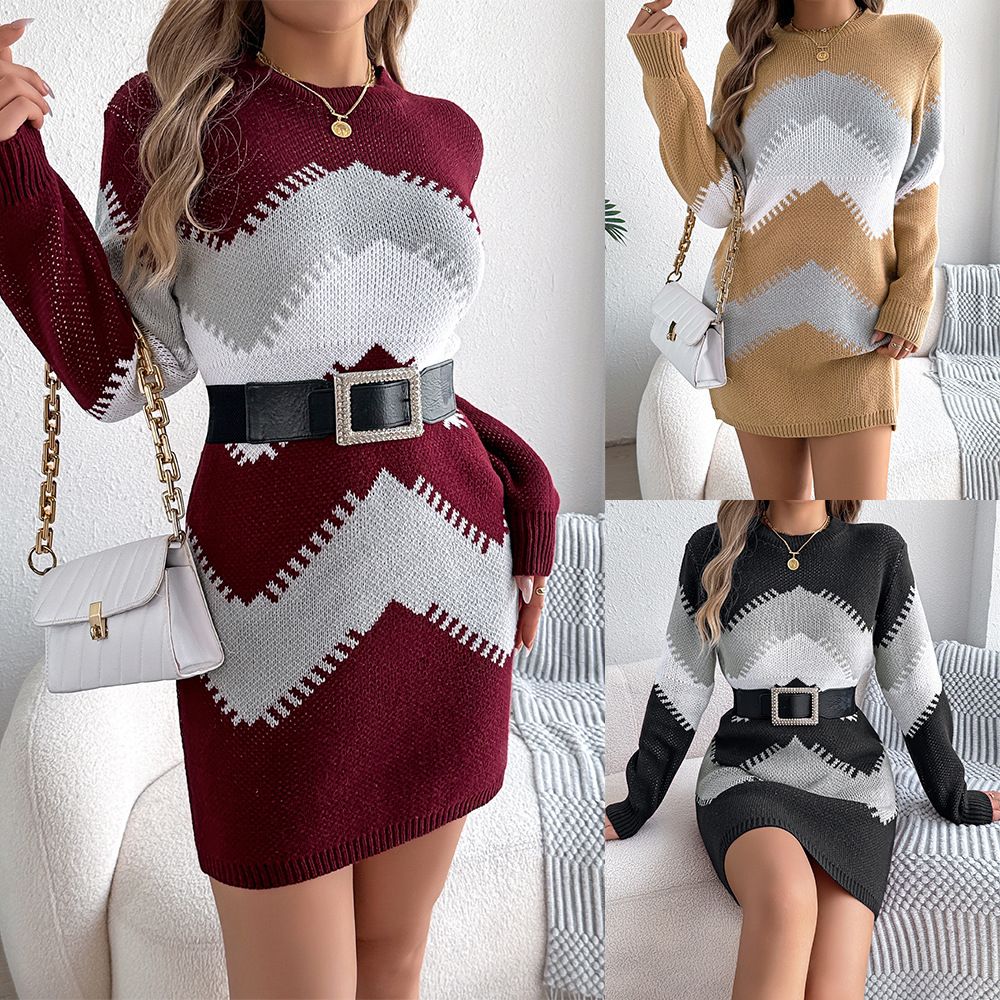 Autumn Short Skirt Round Neck Long Sleeves Knitted Women Long Skirt Round Neck Sweater Dress Plus Size