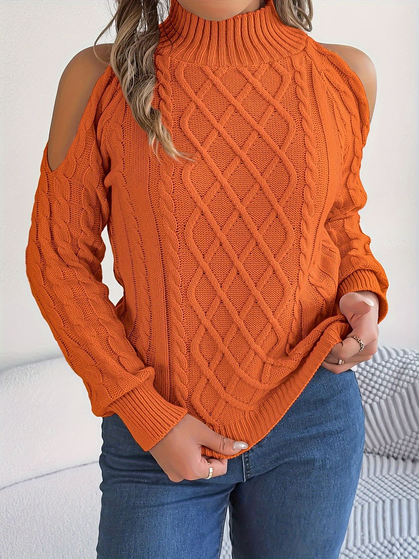 Solid Color Open Shoulder Loose Hollow Out Long Sleeve Pullover Crew Neck Sweater For Women