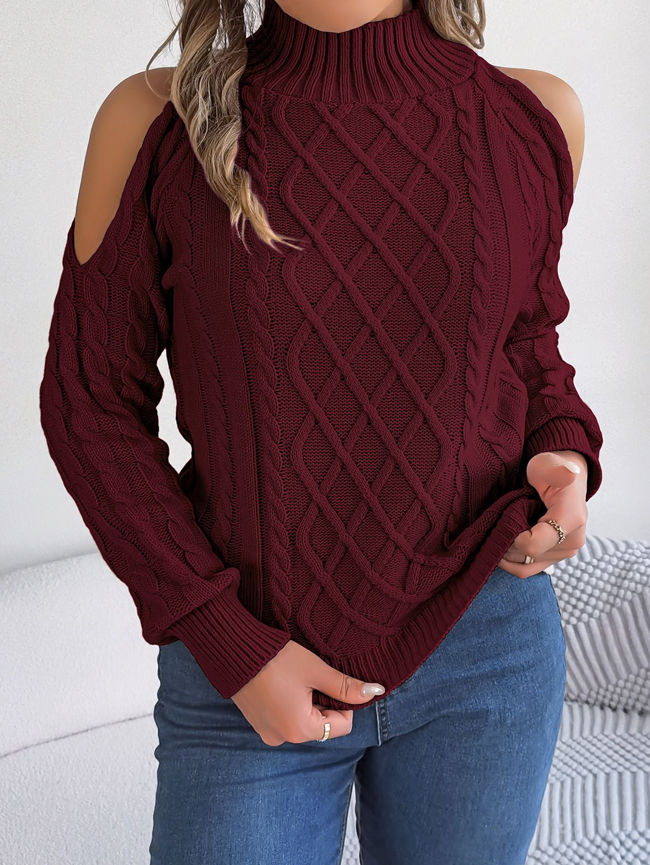 Solid Color Open Shoulder Loose Hollow Out Long Sleeve Pullover Crew Neck Sweater For Women