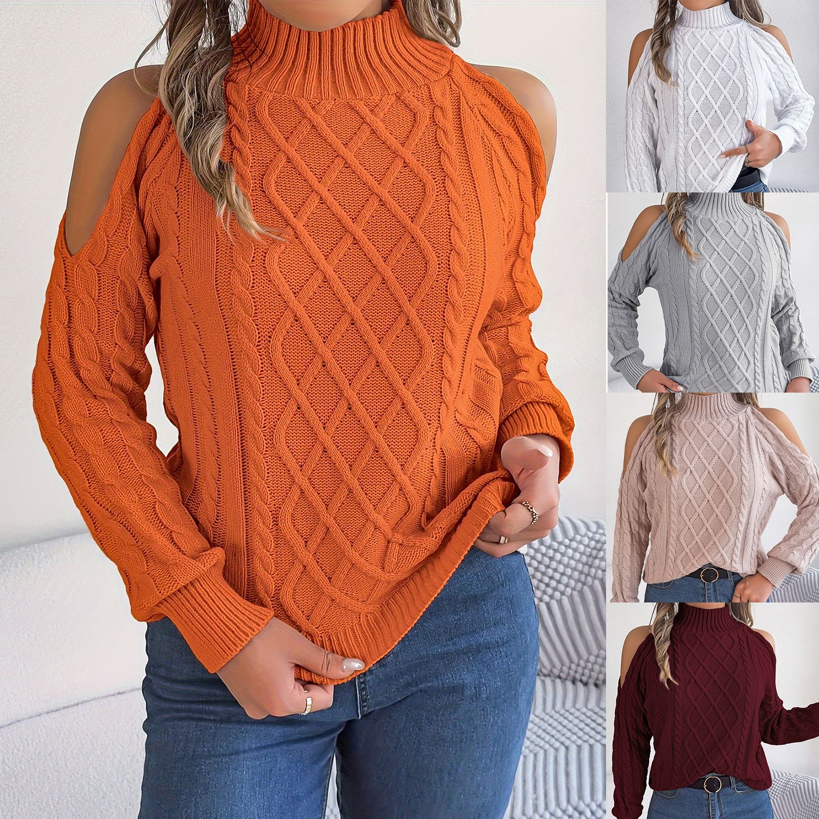 Solid Color Open Shoulder Loose Hollow Out Long Sleeve Pullover Crew Neck Sweater For Women