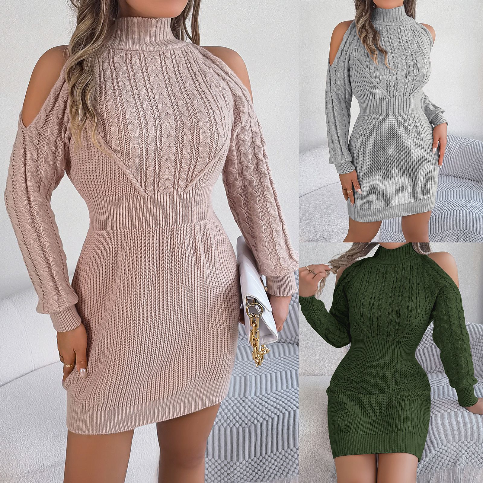 odoodem women's casual cable knit solid color dress casual long sleeve crew neck bodycon knitted dress for winter & fall