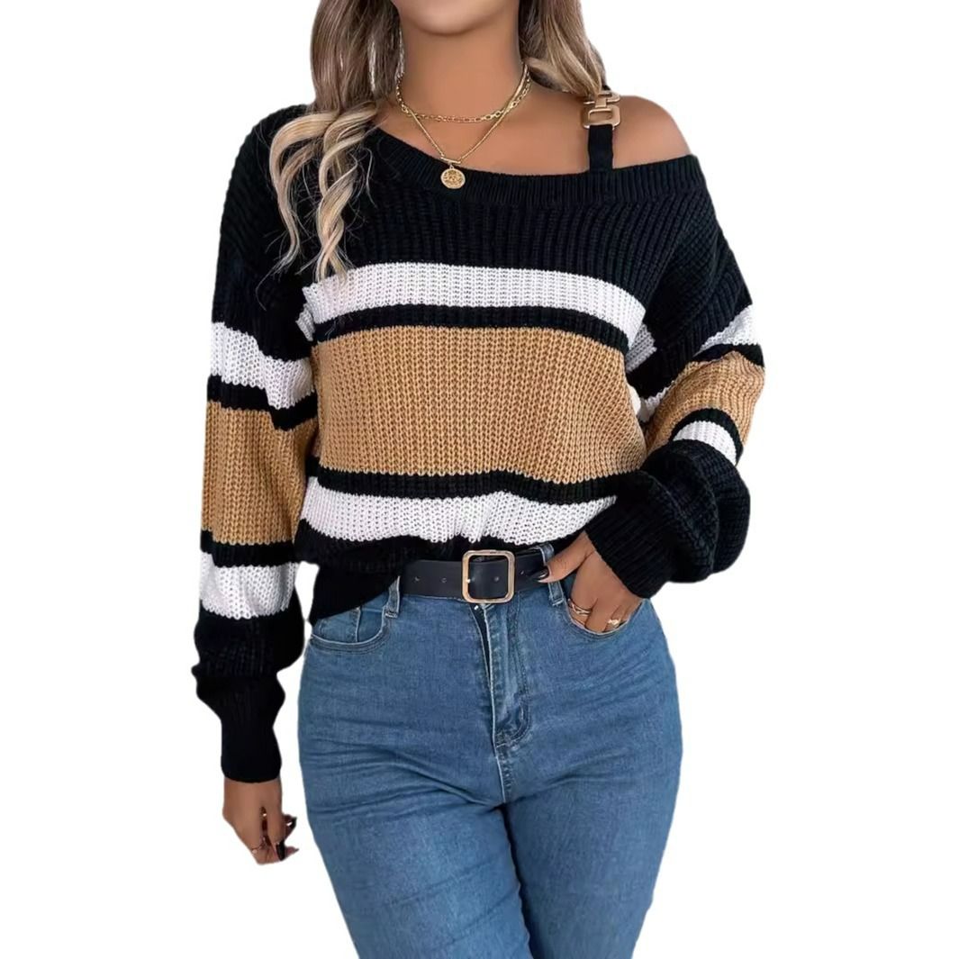Women Stripe Sweater Autumn Winter Off The Shoulder Long Sleeve Knitted Sweater Lantern Sleeve Casual Female Pullovers