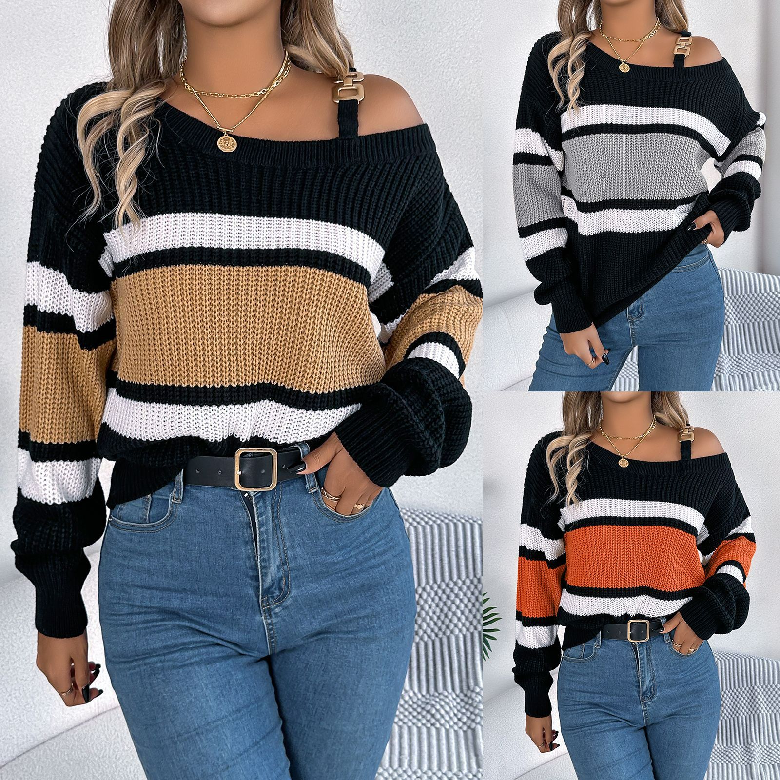 Women Stripe Sweater Autumn Winter Off The Shoulder Long Sleeve Knitted Sweater Lantern Sleeve Casual Female Pullovers