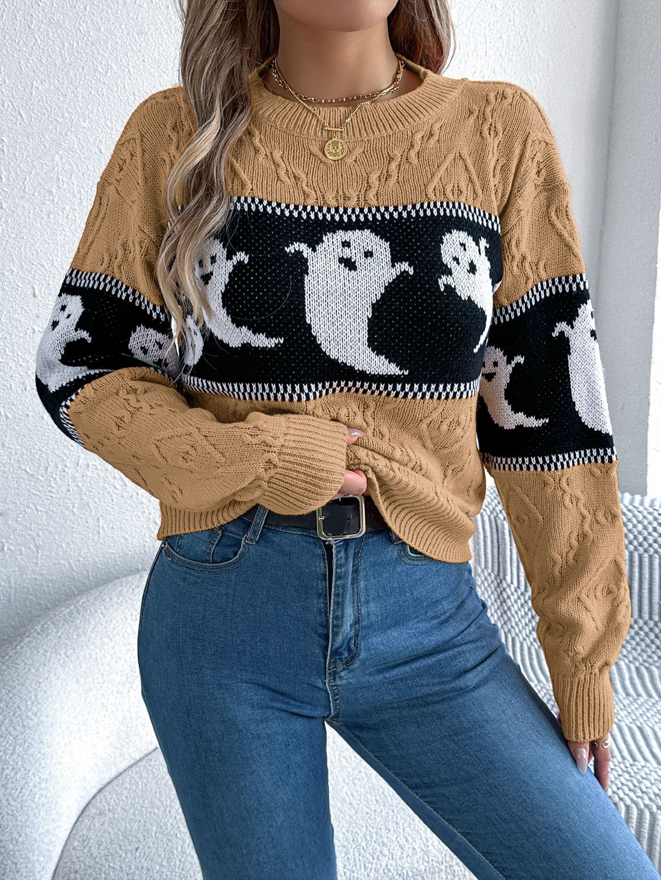 Women Pullover Sweater Ladies Sweater Halloween Style Women's Knitted Sweaters Cartoon Ghost Print Long Sleeve