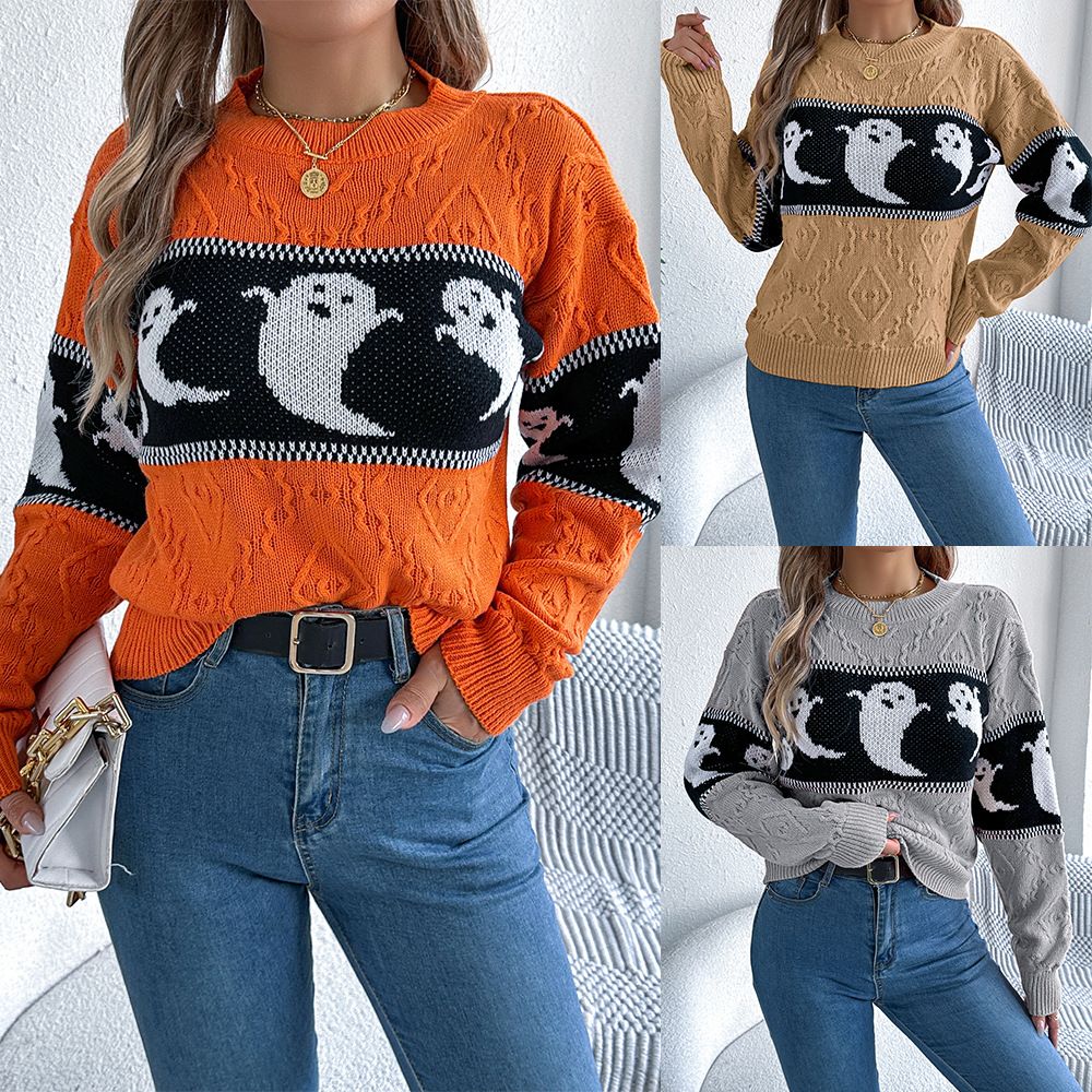 Women Pullover Sweater Ladies Sweater Halloween Style Women's Knitted Sweaters Cartoon Ghost Print Long Sleeve