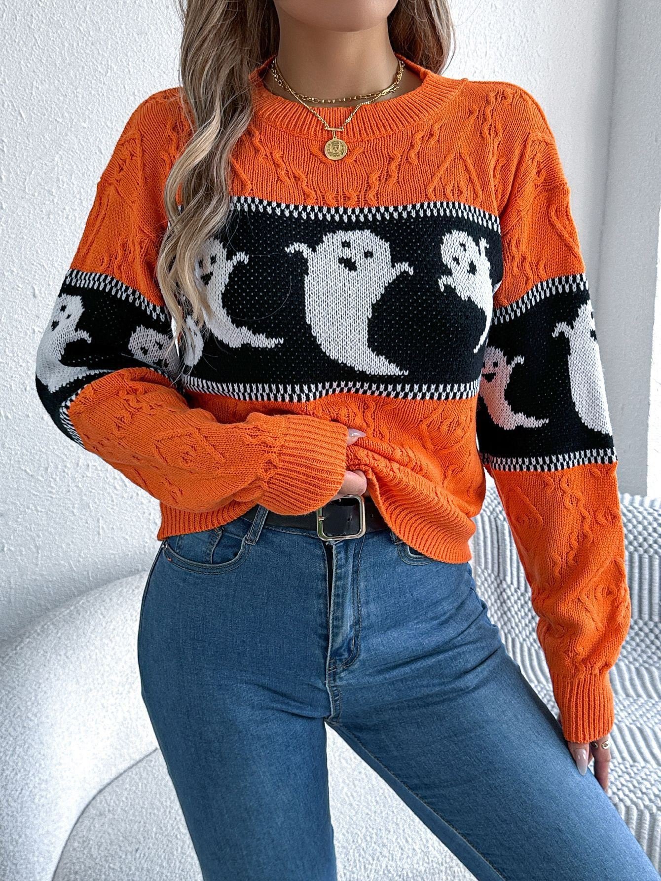 Women Pullover Sweater Ladies Sweater Halloween Style Women's Knitted Sweaters Cartoon Ghost Print Long Sleeve