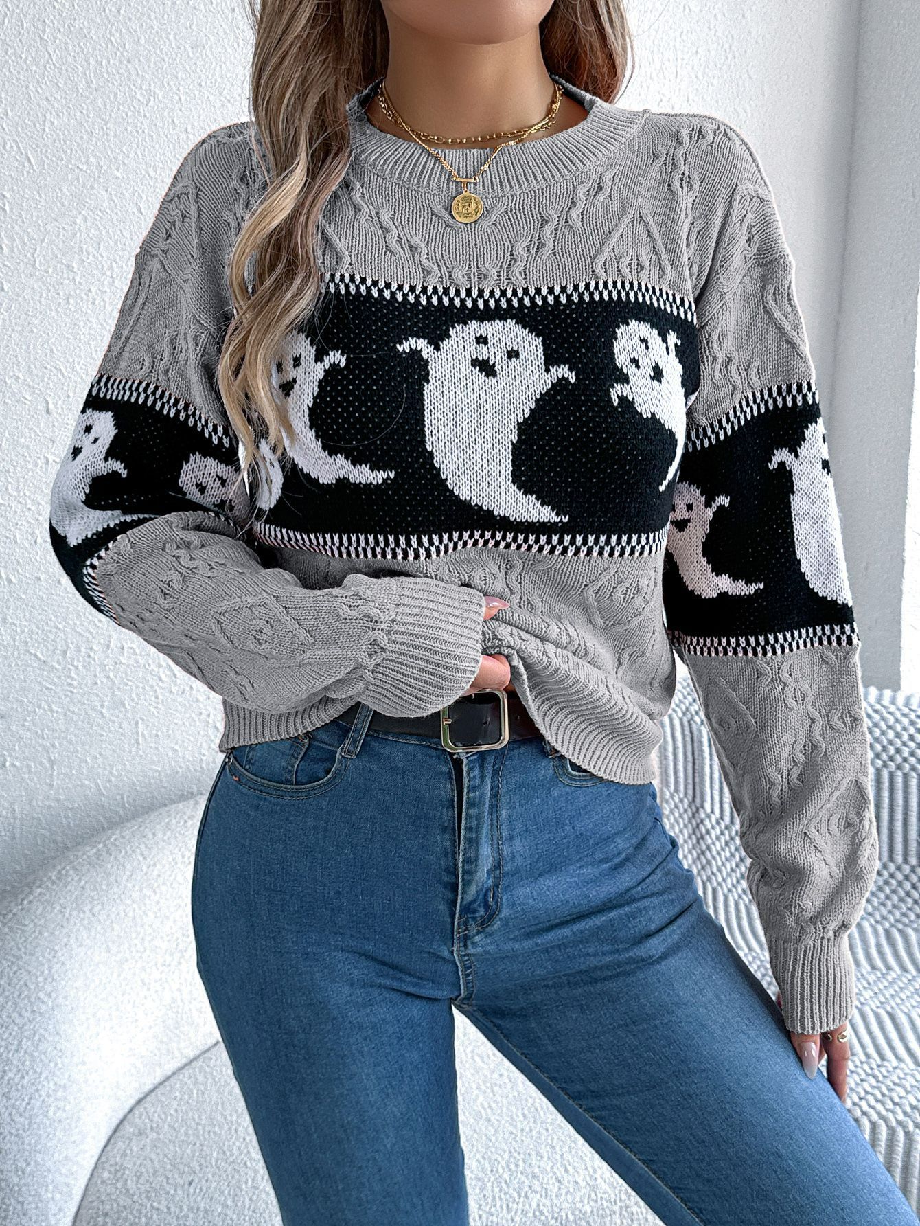 Women Pullover Sweater Ladies Sweater Halloween Style Women's Knitted Sweaters Cartoon Ghost Print Long Sleeve