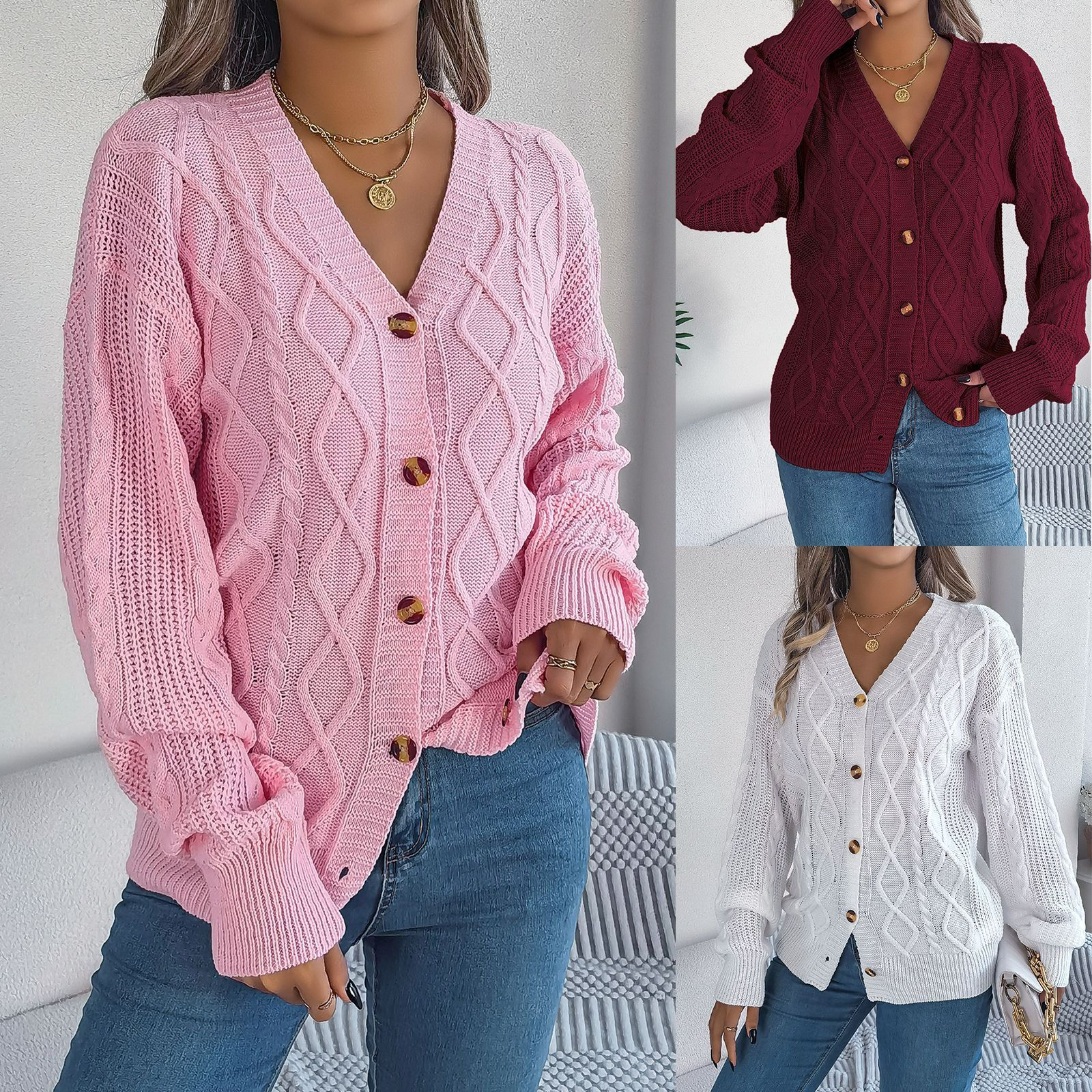 Autumn Winter Women Cardigan Sweater Coats Female Long Sleeve V-neck Loose Knitted Jackets Casual Sweater Cardigans