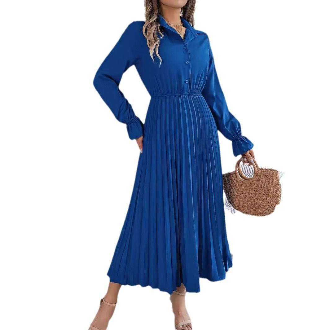 Fashion New Real Shot Of European And American Autumn And Winter Casual Lapel Button Long Sleeves Waist Pleated Long Skirt Indep
