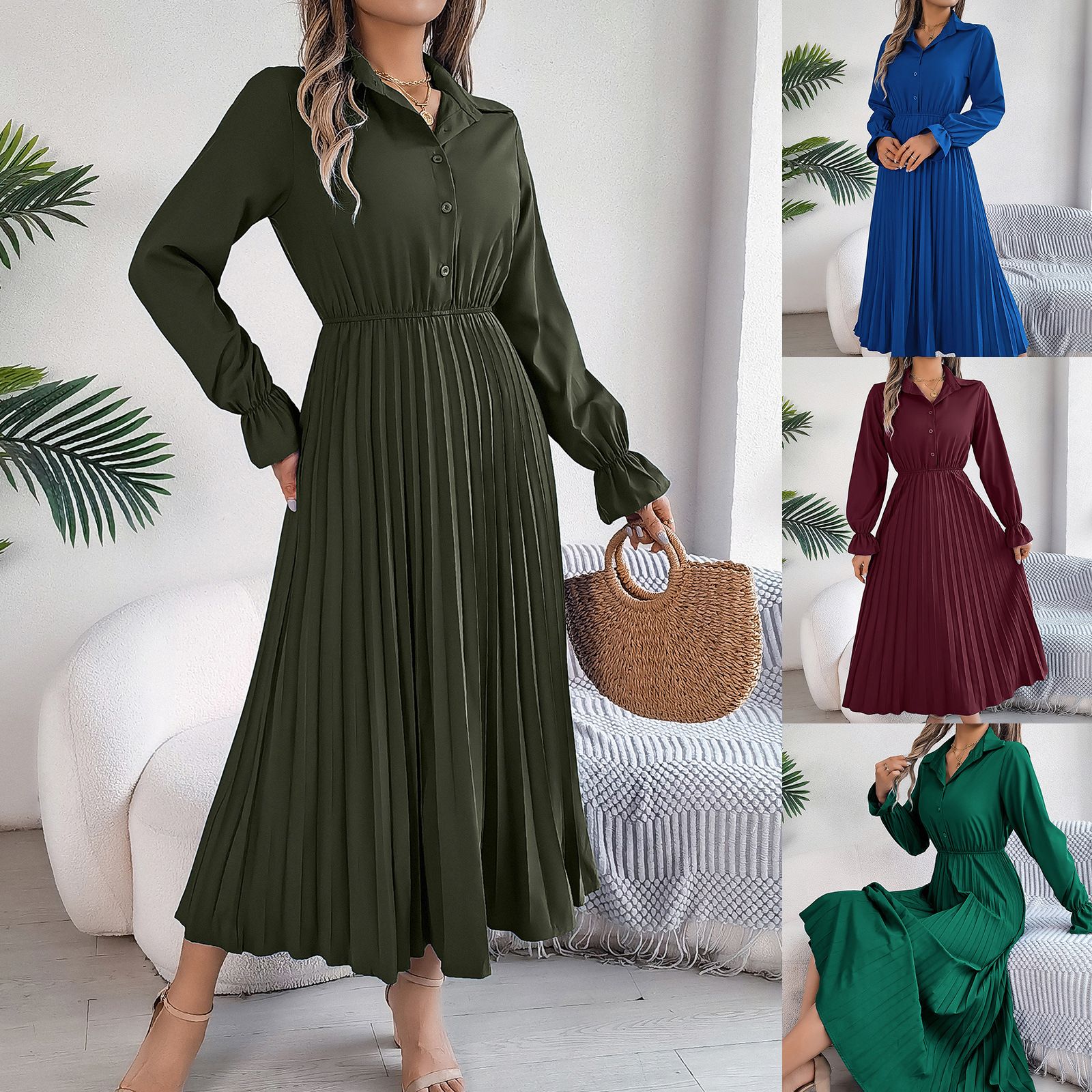 Fashion New Real Shot Of European And American Autumn And Winter Casual Lapel Button Long Sleeves Waist Pleated Long Skirt Indep