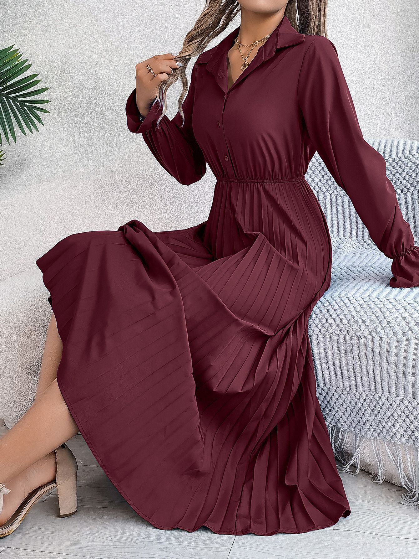 Fashion New Real Shot Of European And American Autumn And Winter Casual Lapel Button Long Sleeves Waist Pleated Long Skirt Indep