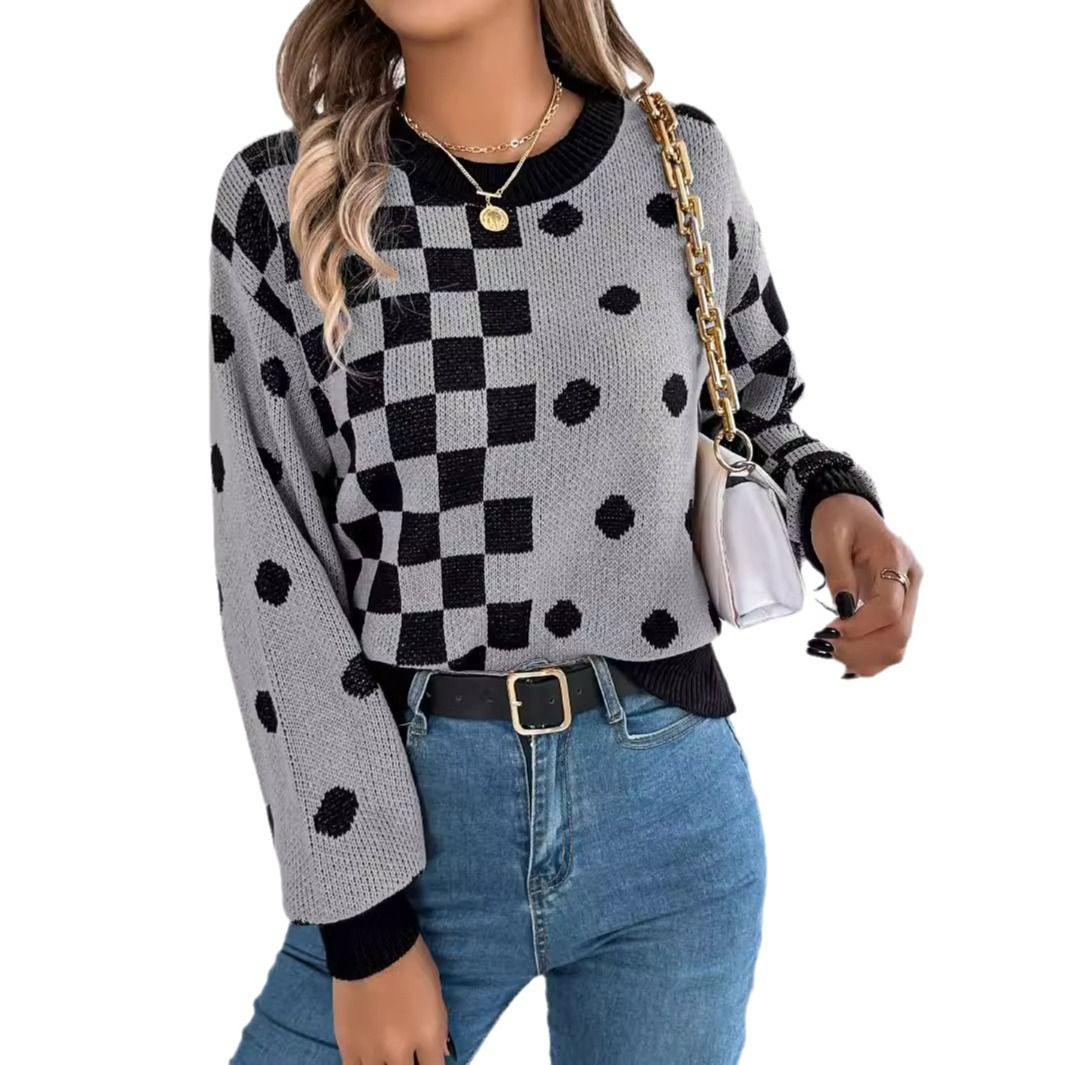 Casual Checkerboard Pattern Crew Neck Long Sleeve Plaid Double Color Pullover Winter Girls Sweaters