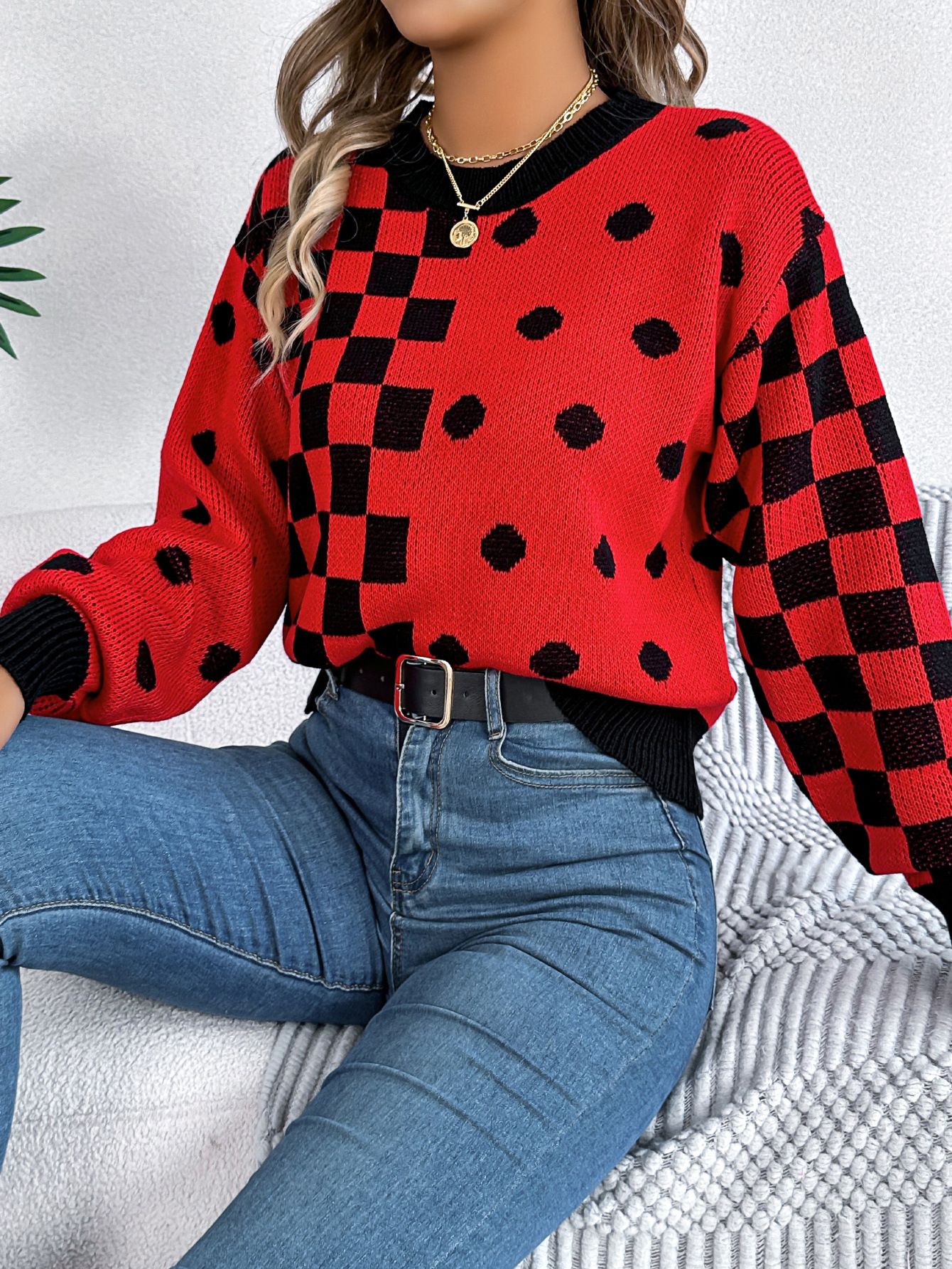 Casual Checkerboard Pattern Crew Neck Long Sleeve Plaid Double Color Pullover Winter Girls Sweaters