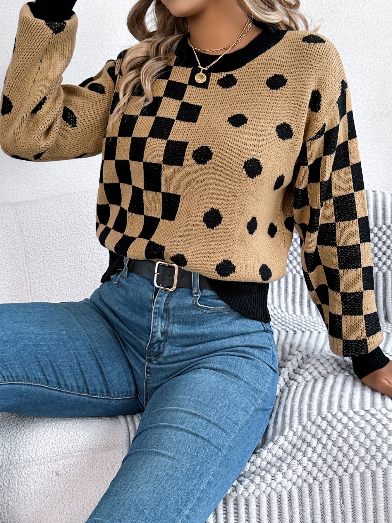 Casual Checkerboard Pattern Crew Neck Long Sleeve Plaid Double Color Pullover Winter Girls Sweaters