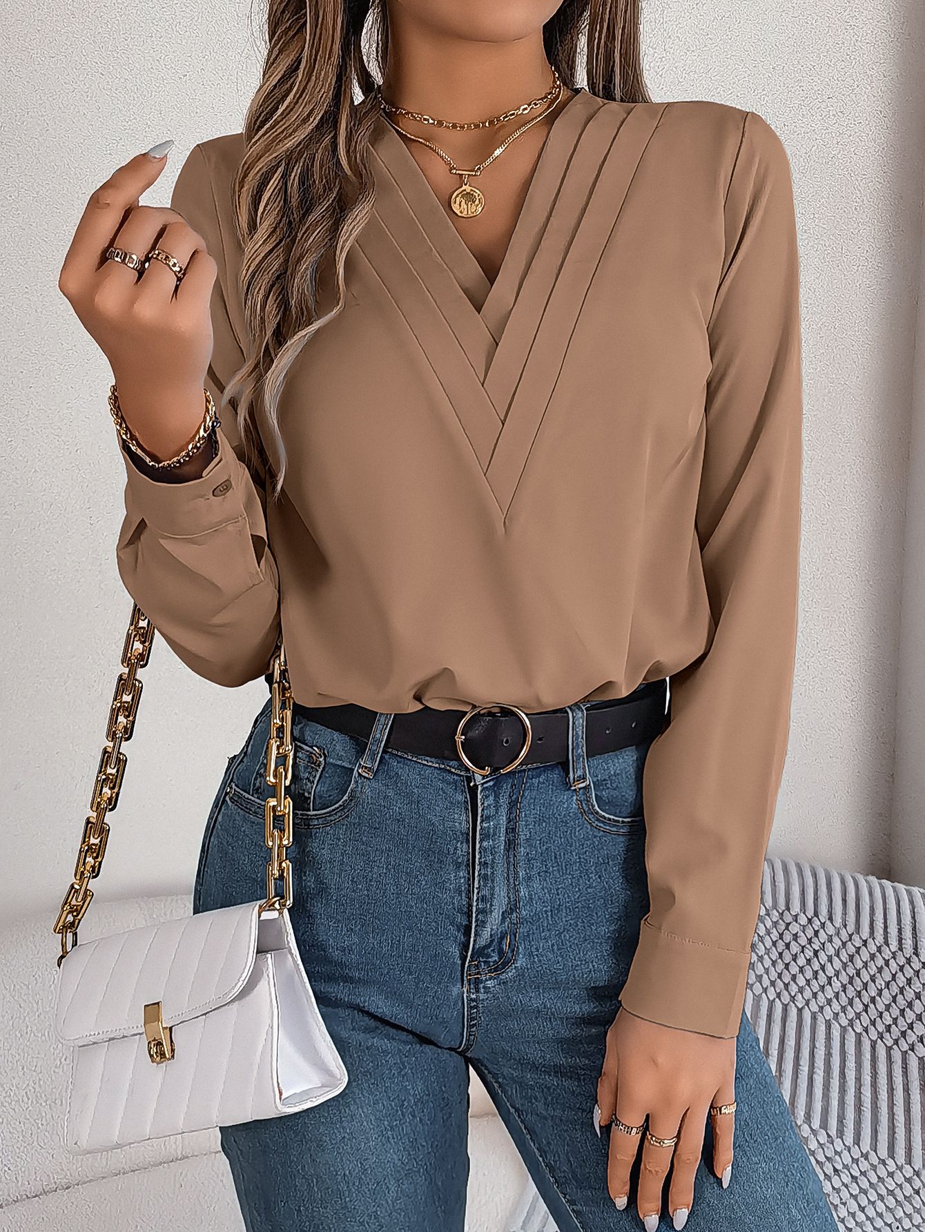 Women's Blouse Casual Solid Color Long Sleeve Triple Shirt Business Work Ladies Shirts