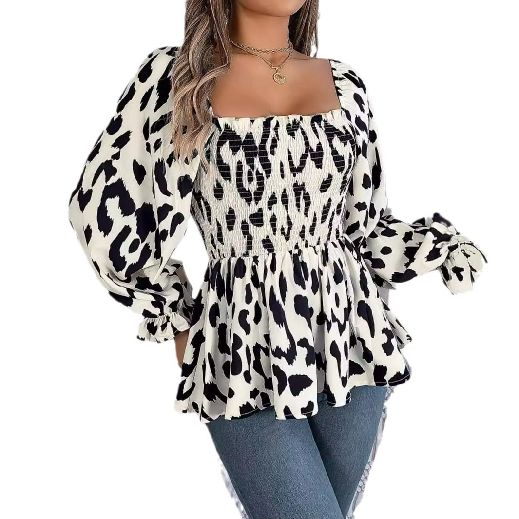 Fashion Elegant Printed Polyester Stand Collar Women's Blouses & Shirts Chiffon Loose Long Sleeve Female Office Blouse