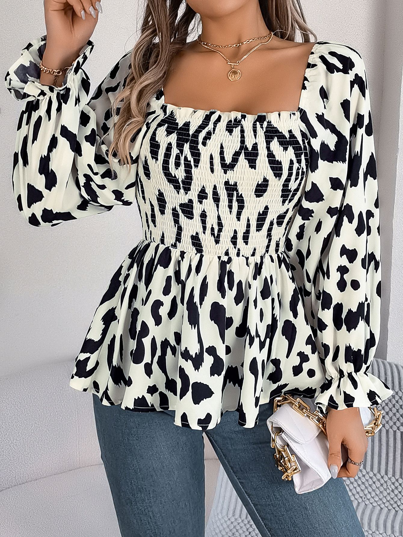 Fashion Elegant Printed Polyester Stand Collar Women's Blouses & Shirts Chiffon Loose Long Sleeve Female Office Blouse