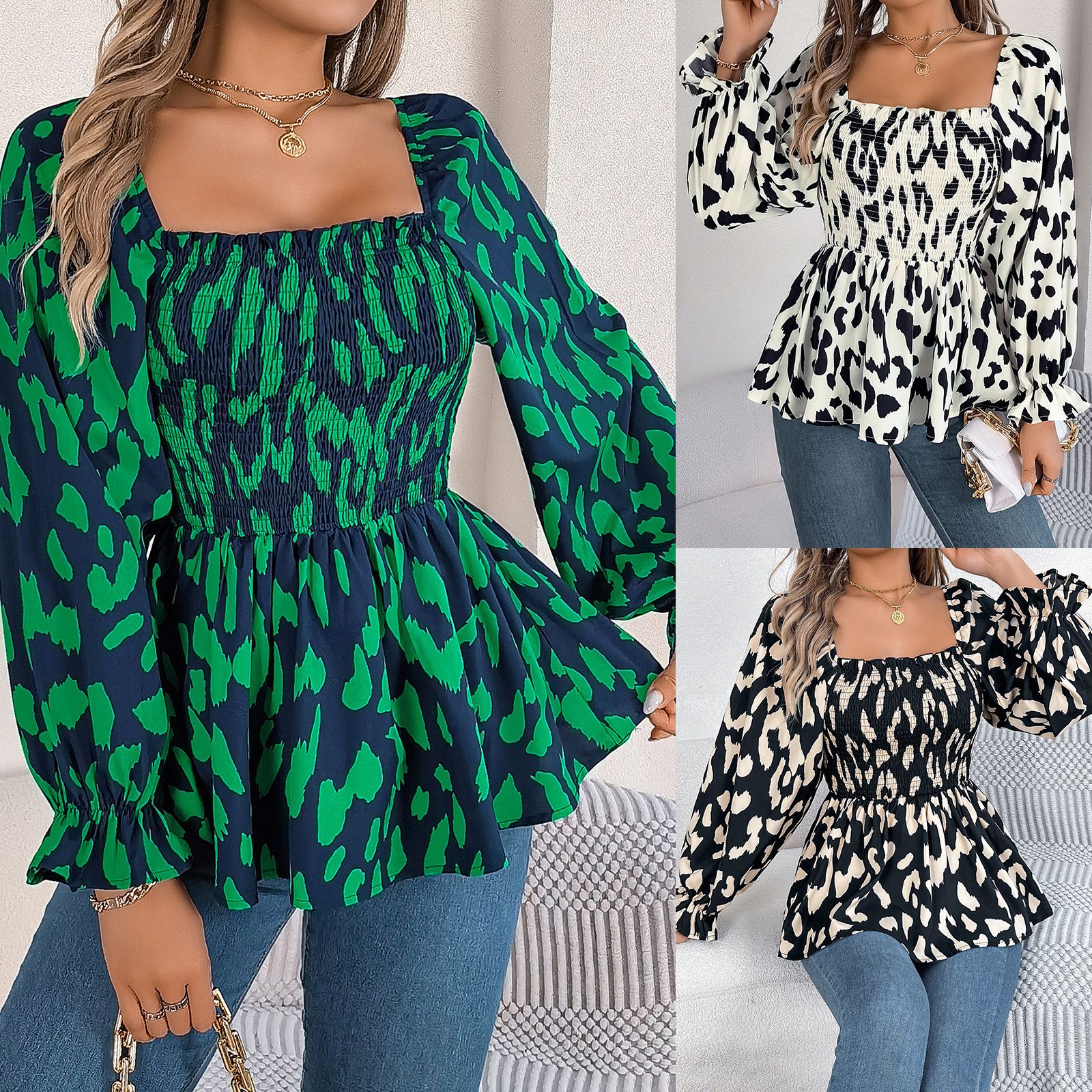 Fashion Elegant Printed Polyester Stand Collar Women's Blouses & Shirts Chiffon Loose Long Sleeve Female Office Blouse