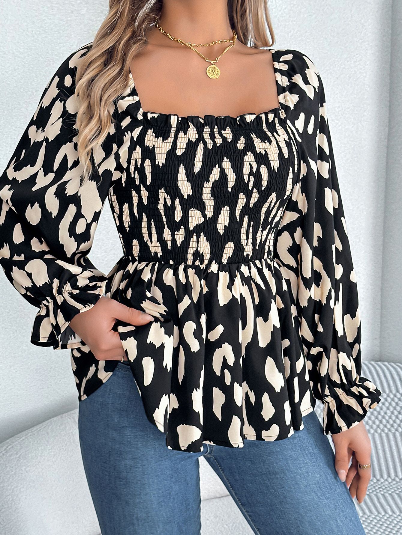 Fashion Elegant Printed Polyester Stand Collar Women's Blouses & Shirts Chiffon Loose Long Sleeve Female Office Blouse
