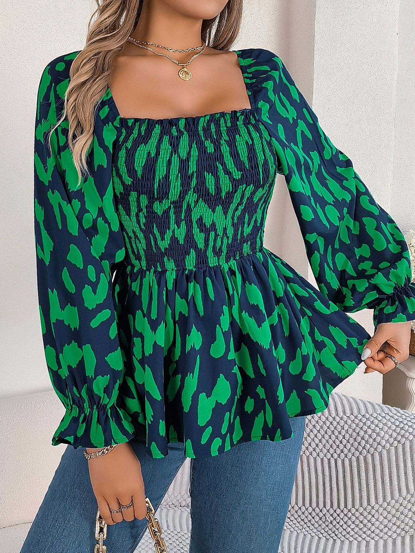 Fashion Elegant Printed Polyester Stand Collar Women's Blouses & Shirts Chiffon Loose Long Sleeve Female Office Blouse