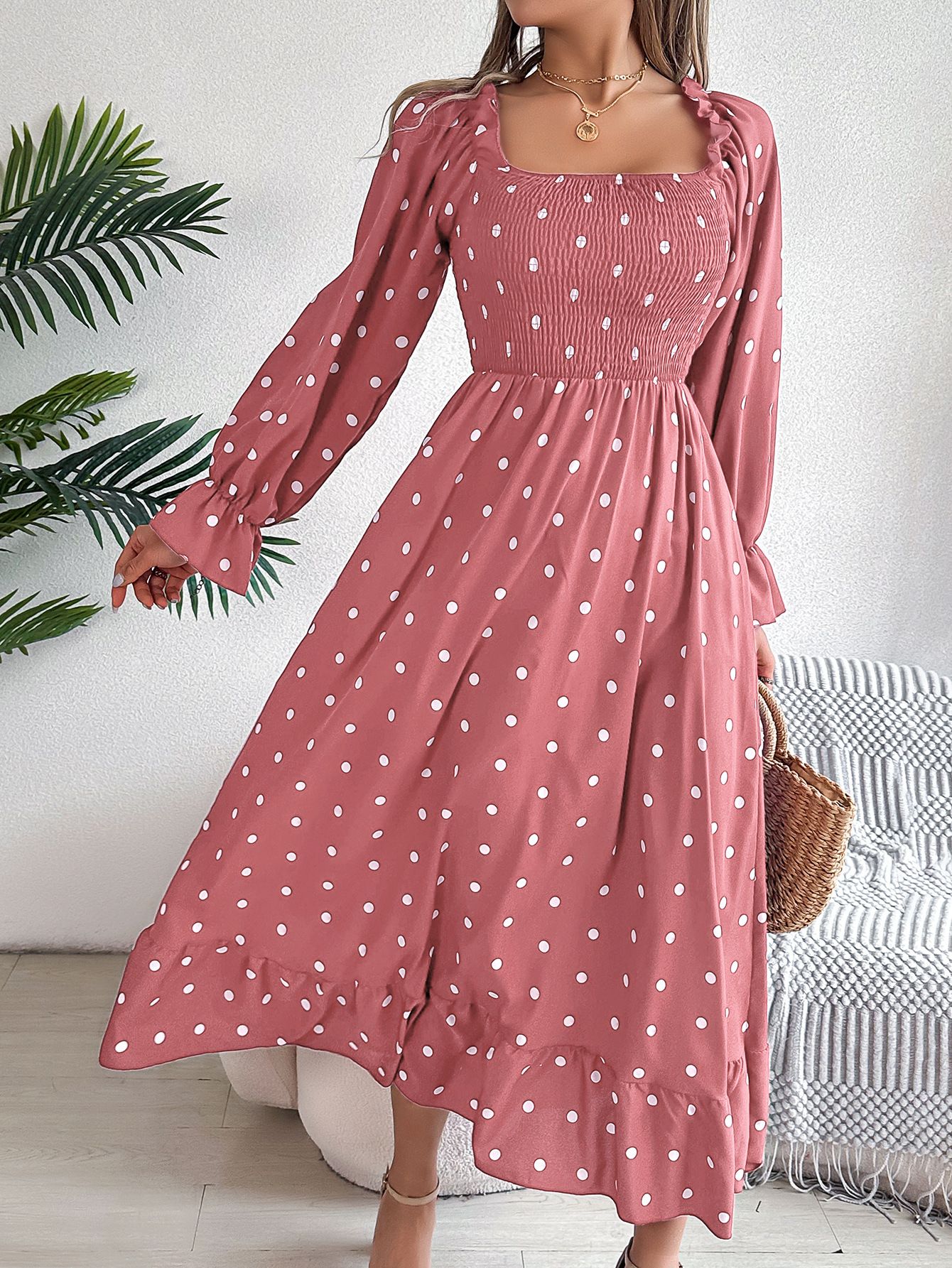 Autumn Winter European American Leisure Large Swing Dress Fashion New Real Shot Wooden Ear Square Collar Polka Dot Maxi