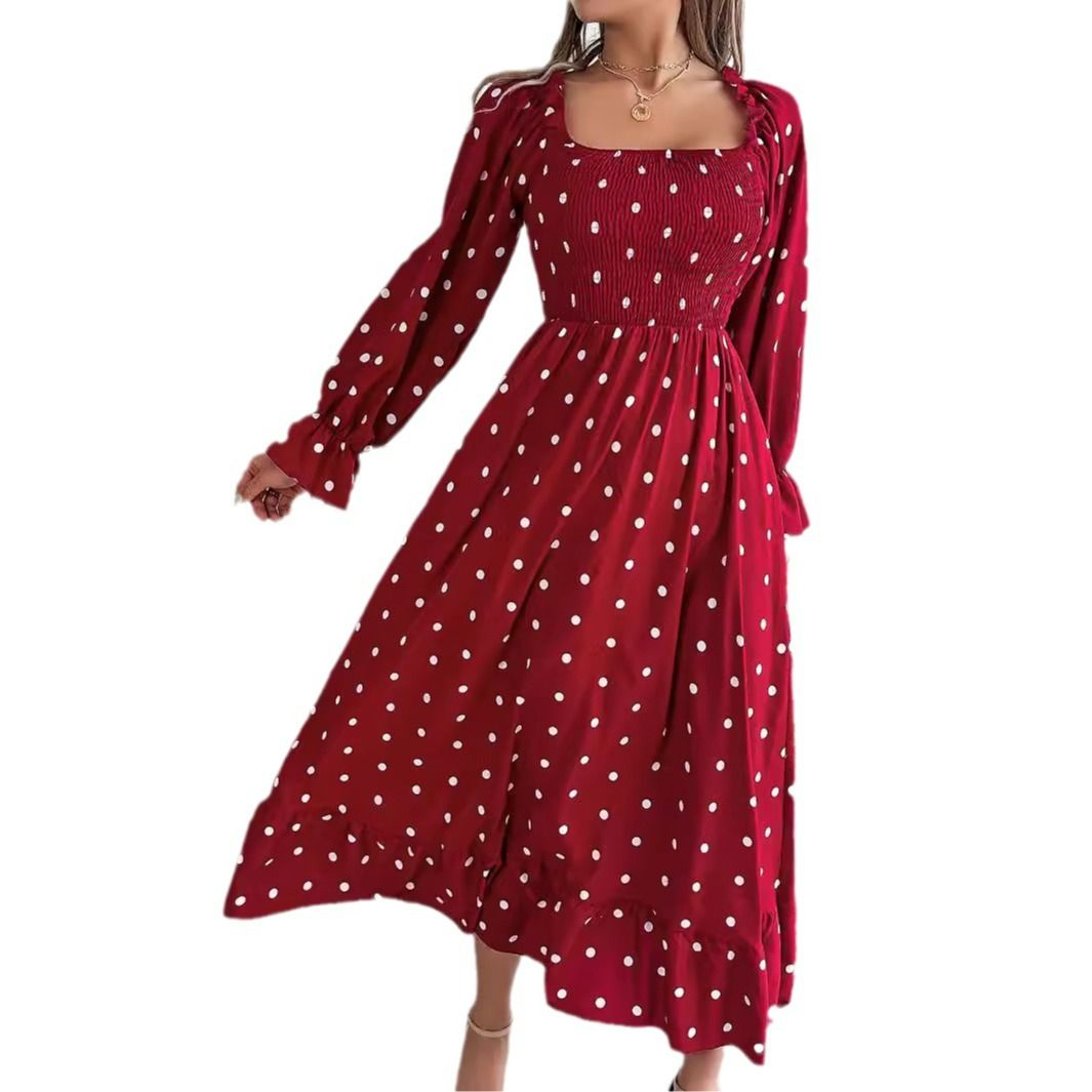 Autumn Winter European American Leisure Large Swing Dress Fashion New Real Shot Wooden Ear Square Collar Polka Dot Maxi