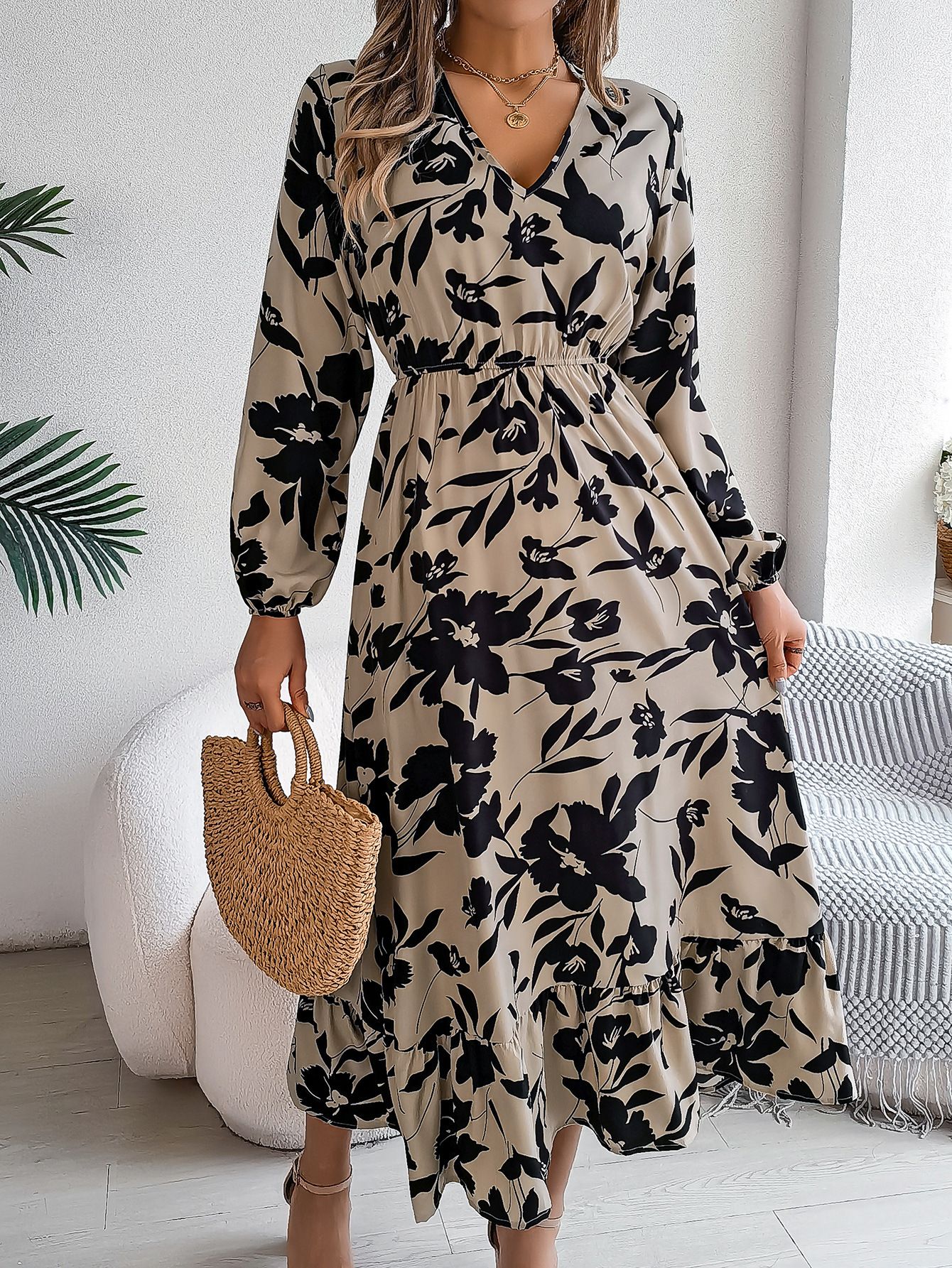 Wholesale fashion one piece skirt casual elegant bohemian full sleeve girl maxi dress women floral printed long party dresses