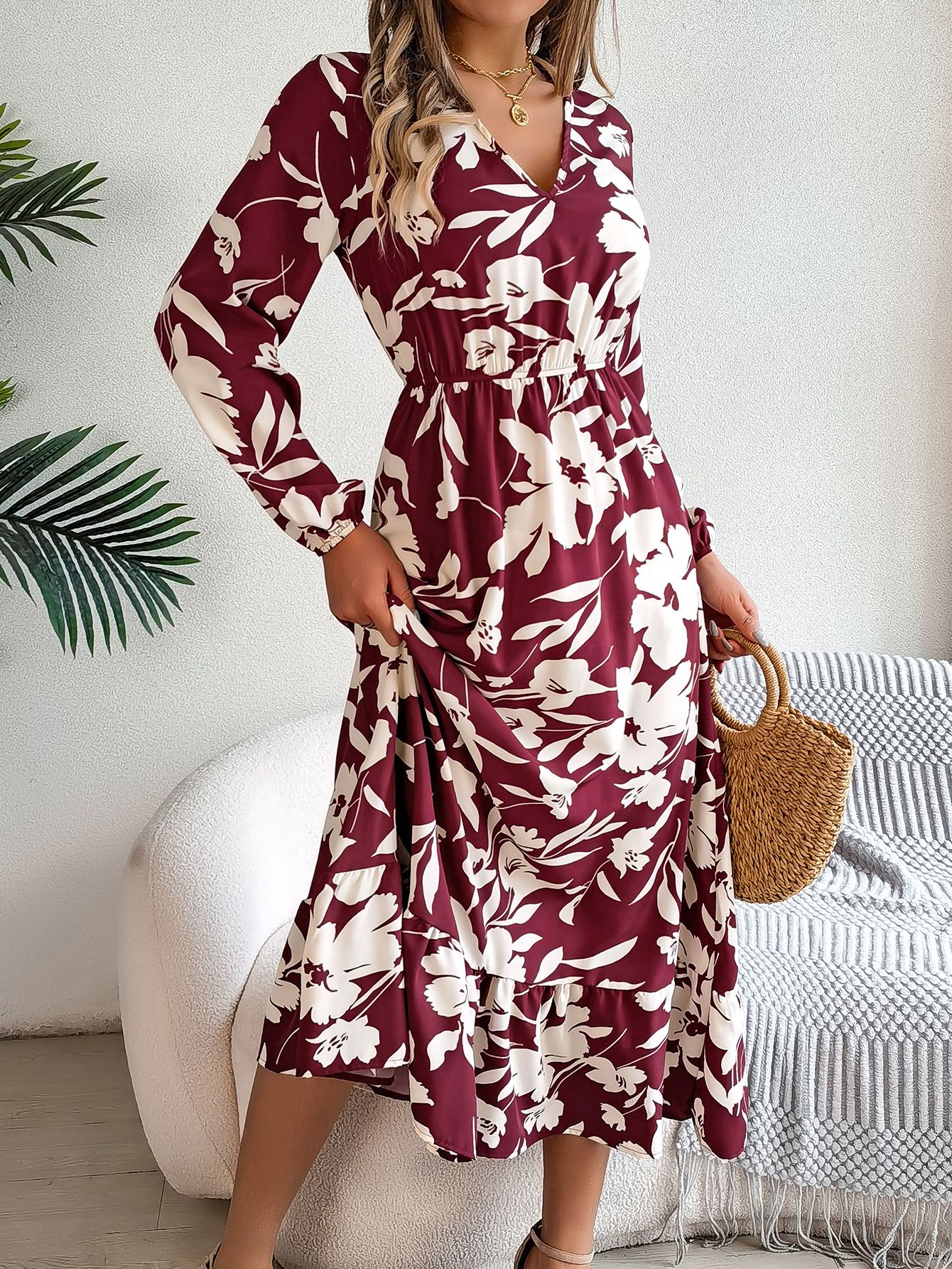 Wholesale fashion one piece skirt casual elegant bohemian full sleeve girl maxi dress women floral printed long party dresses