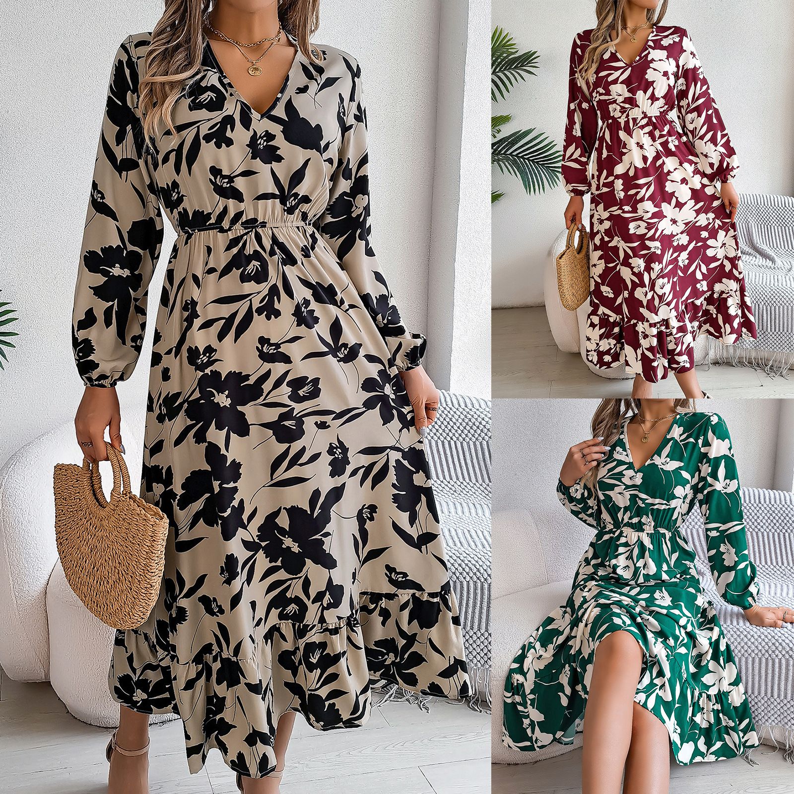 Wholesale fashion one piece skirt casual elegant bohemian full sleeve girl maxi dress women floral printed long party dresses