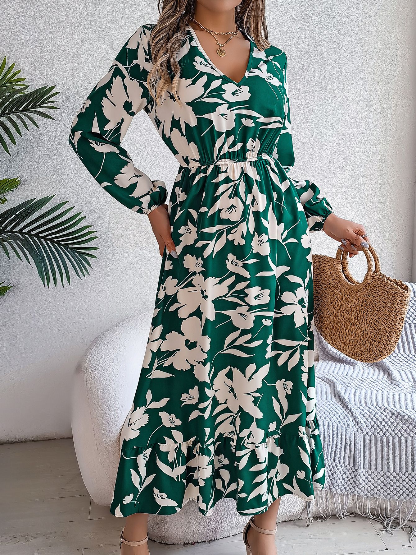 Wholesale fashion one piece skirt casual elegant bohemian full sleeve girl maxi dress women floral printed long party dresses