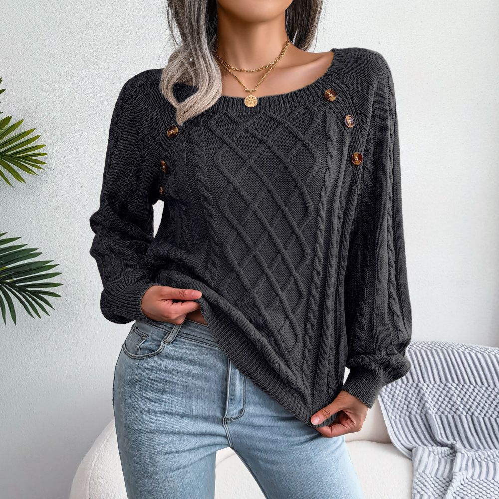 Women Casual Square Collar Buttons Long Sleeve Knitted Pullovers And Sweaters For Autumn Winter