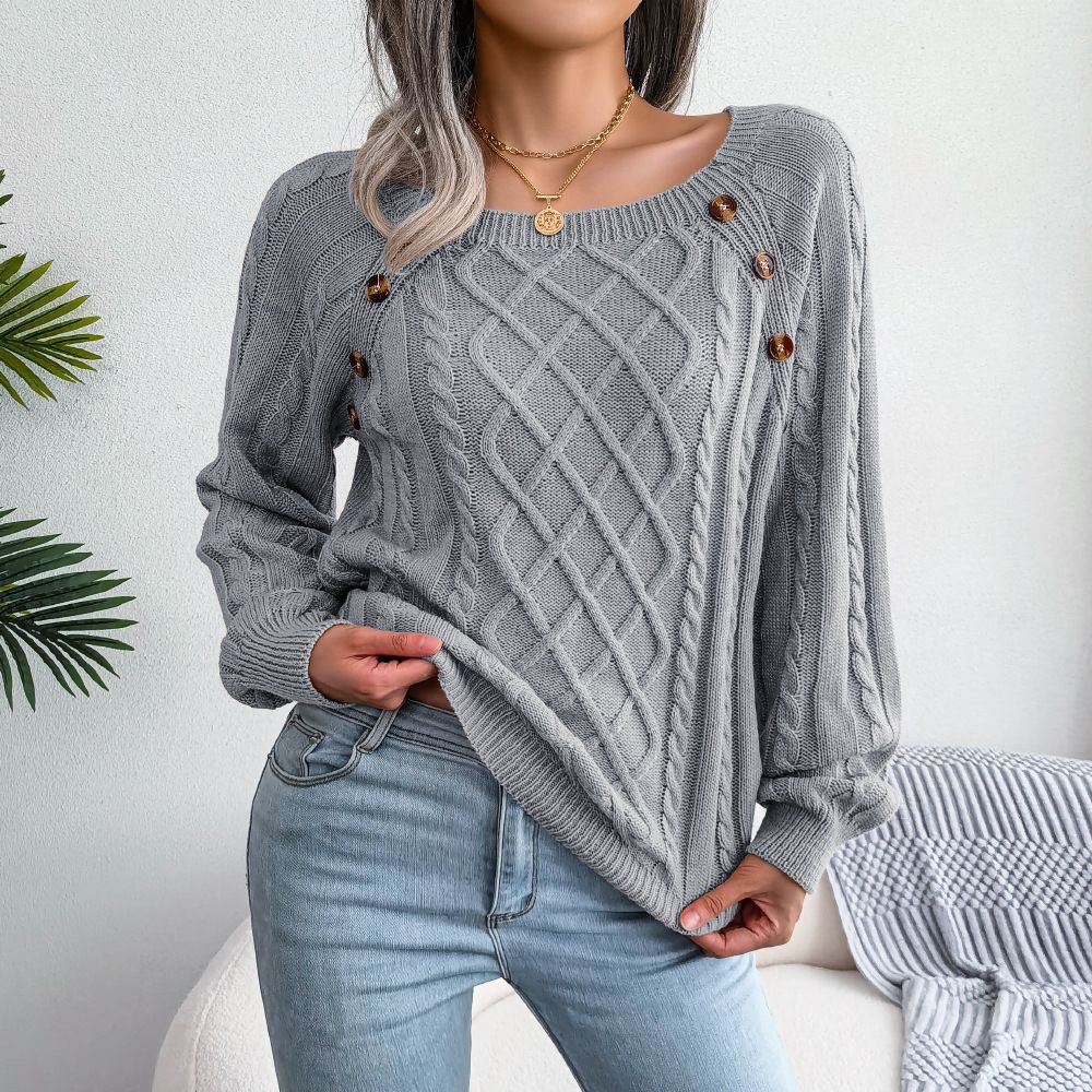 Women Casual Square Collar Buttons Long Sleeve Knitted Pullovers And Sweaters For Autumn Winter