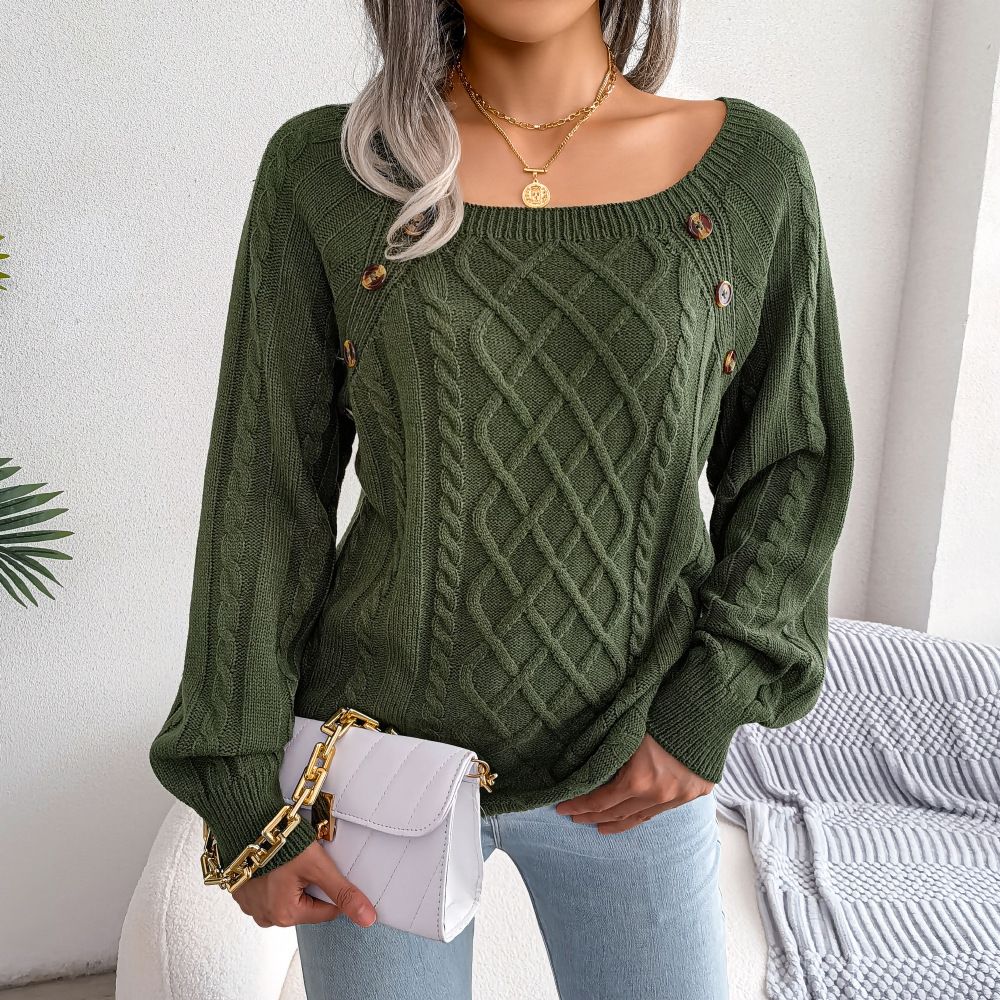 Women Casual Square Collar Buttons Long Sleeve Knitted Pullovers And Sweaters For Autumn Winter