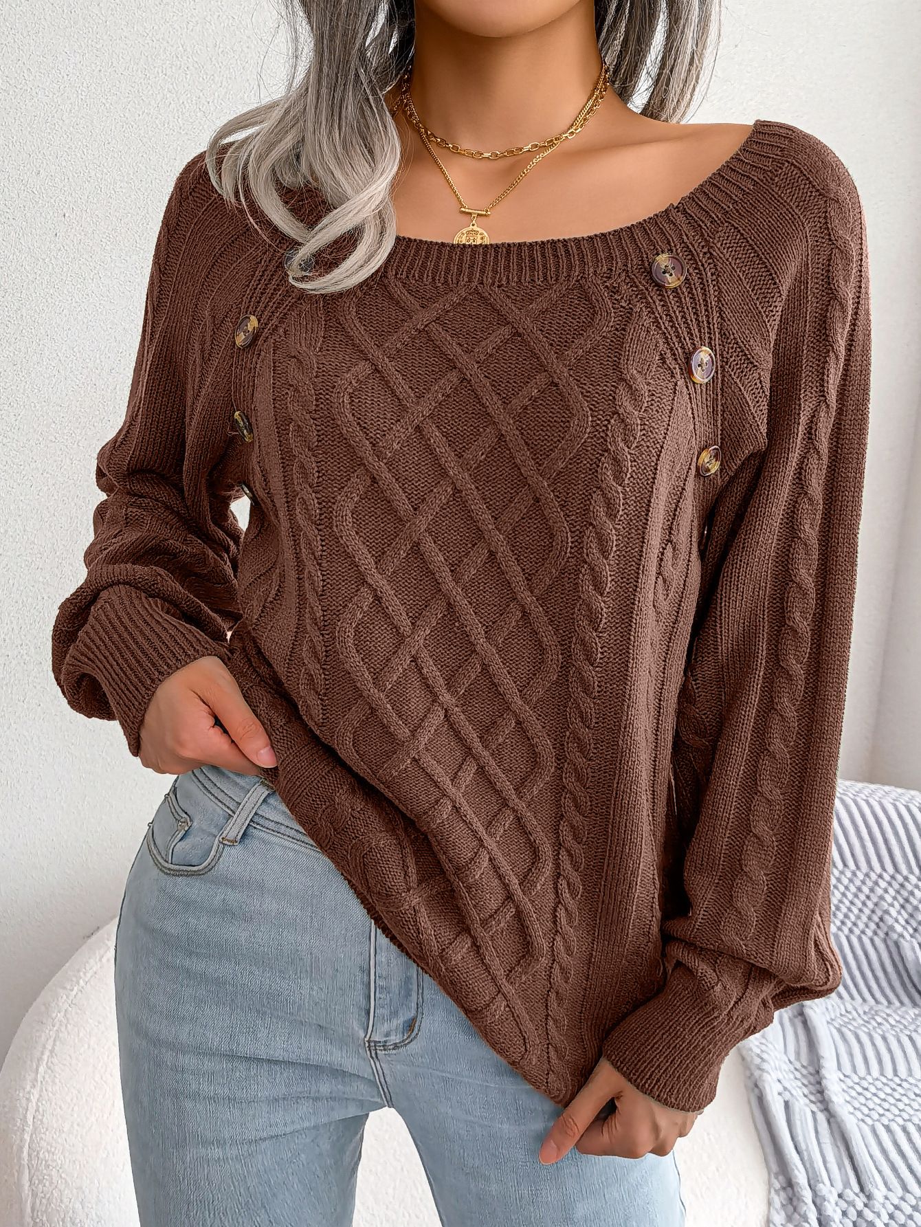 Women Casual Square Collar Buttons Long Sleeve Knitted Pullovers And Sweaters For Autumn Winter
