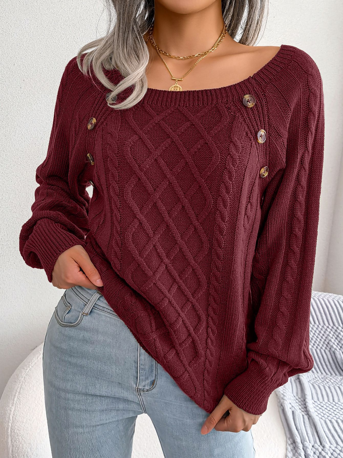 Women Casual Square Collar Buttons Long Sleeve Knitted Pullovers And Sweaters For Autumn Winter
