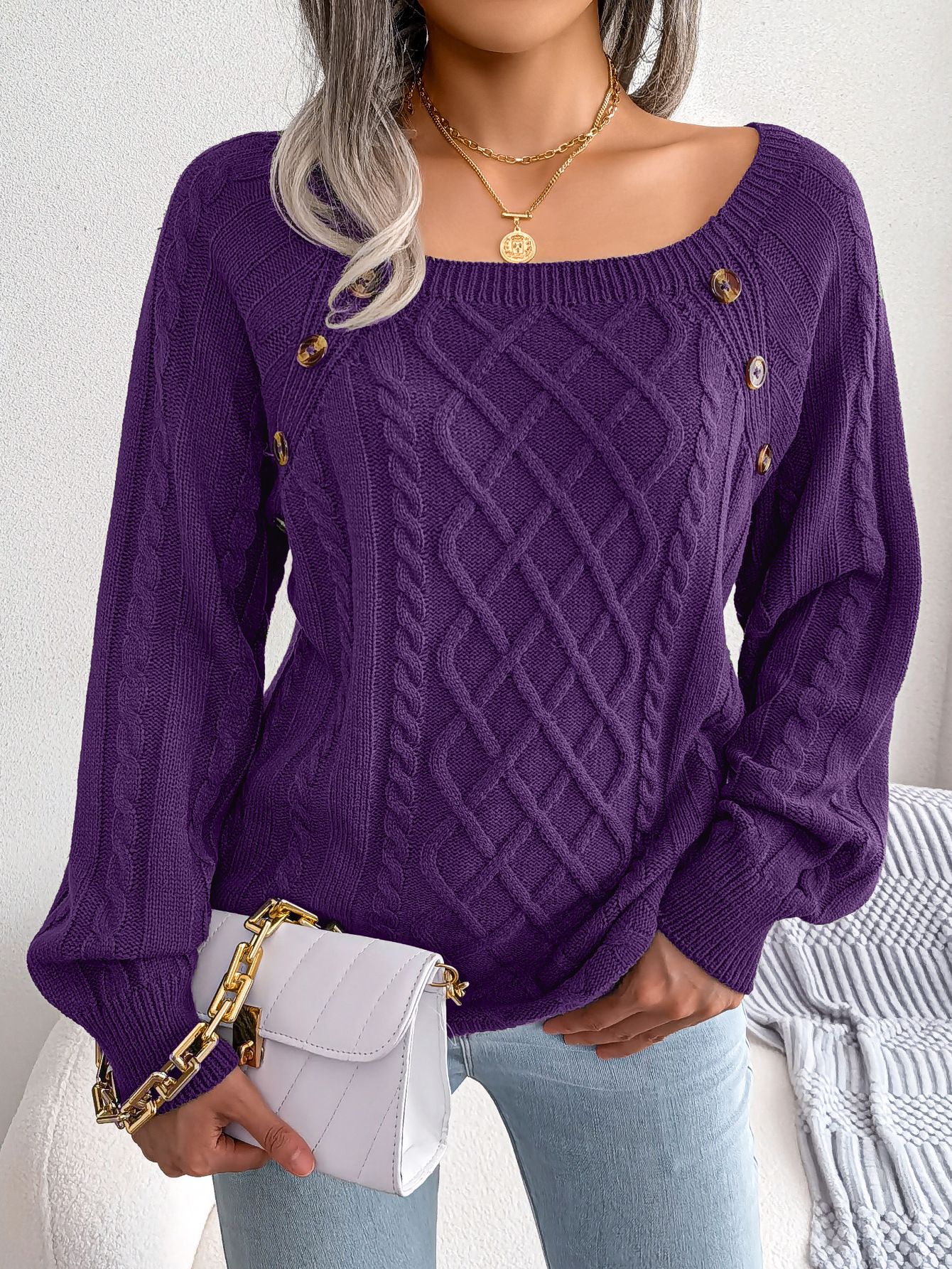 Women Casual Square Collar Buttons Long Sleeve Knitted Pullovers And Sweaters For Autumn Winter