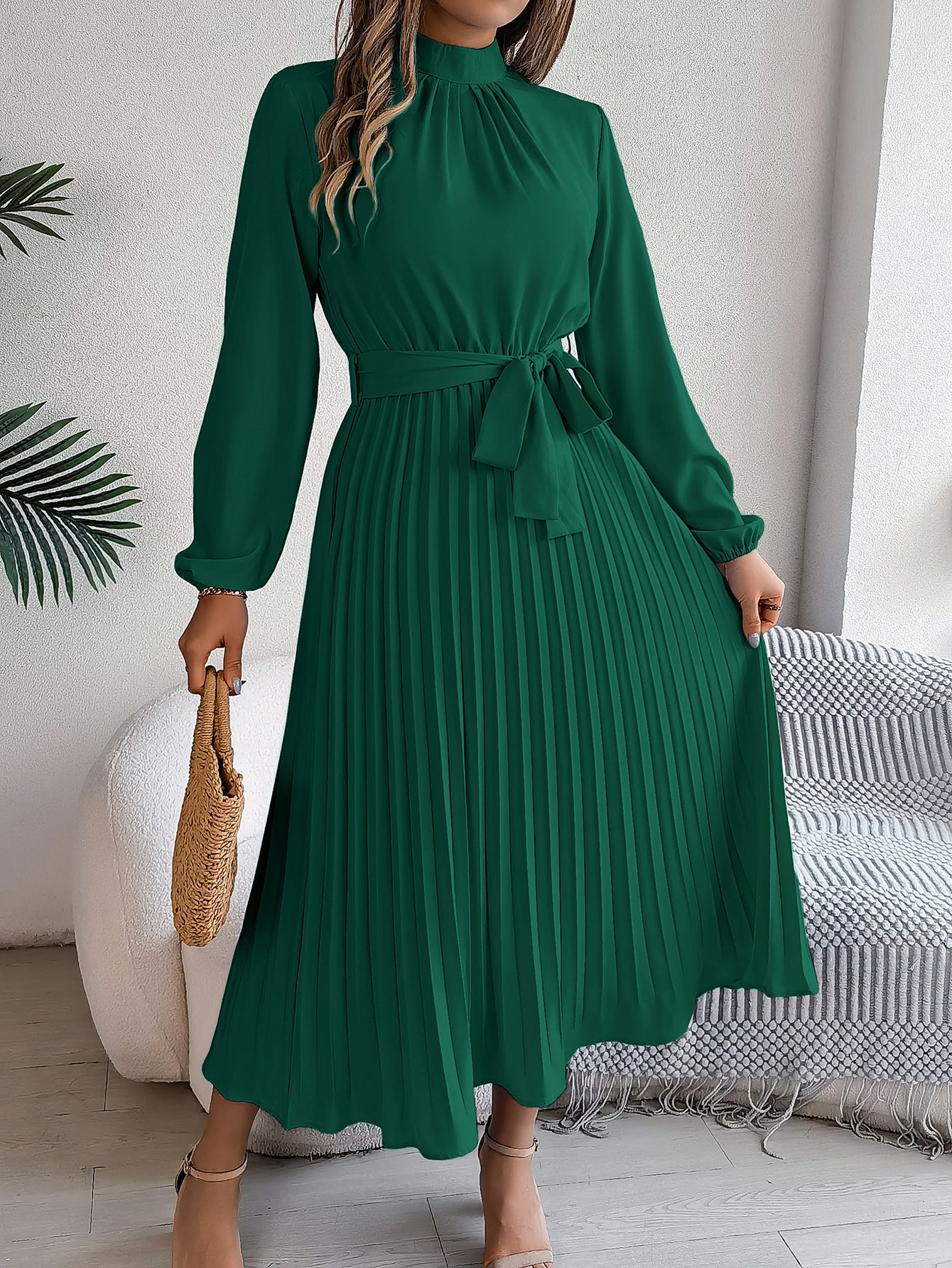 New European Autumn Fashion Solid Color Sashes Slim Waist Pleated Women Midi Dress