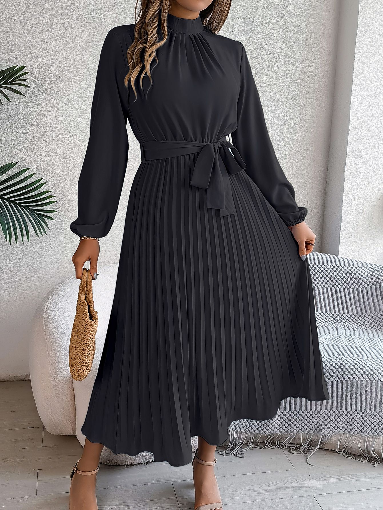 New European Autumn Fashion Solid Color Sashes Slim Waist Pleated Women Midi Dress