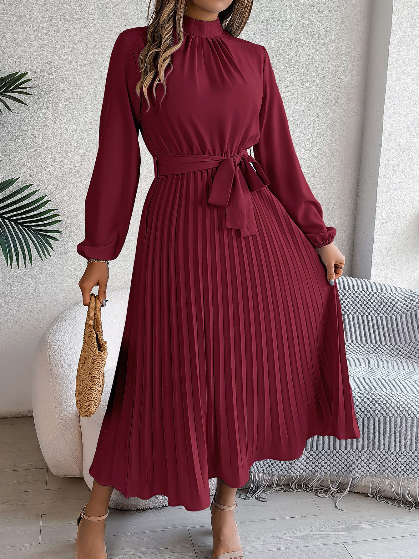 New European Autumn Fashion Solid Color Sashes Slim Waist Pleated Women Midi Dress
