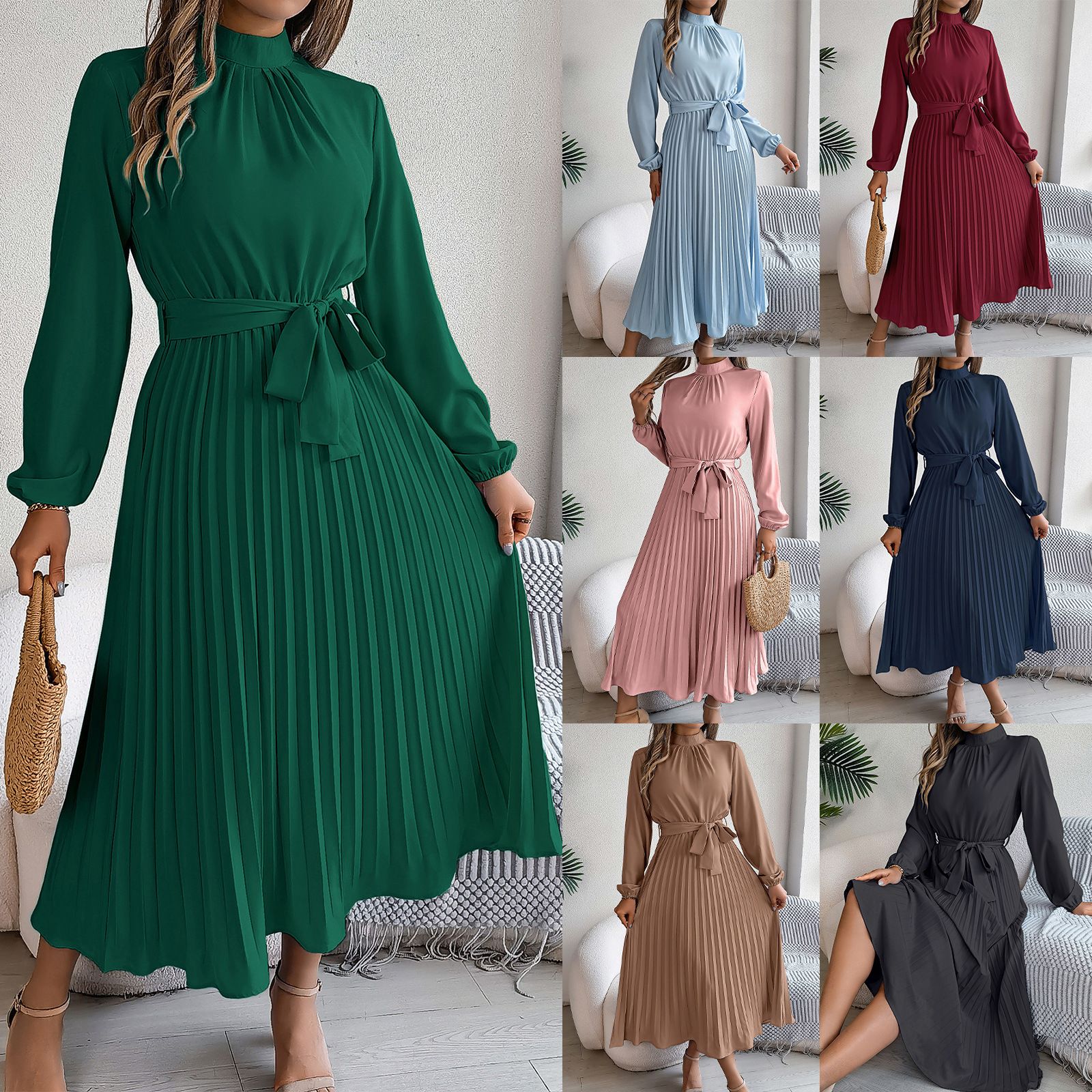 New European Autumn Fashion Solid Color Sashes Slim Waist Pleated Women Midi Dress