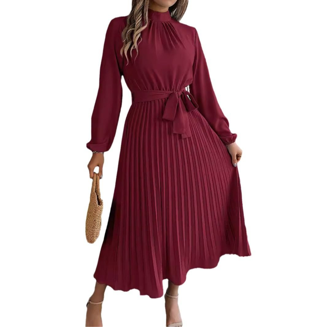 New European Autumn Fashion Solid Color Sashes Slim Waist Pleated Women Midi Dress