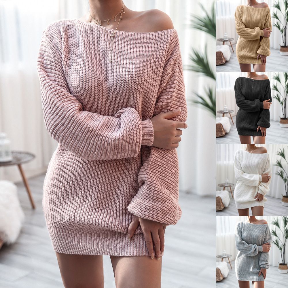Fashion Women's Knit Tops Solid Color Long Sleeve Off-Shoulder Casual Loose Knit Sweater Dress