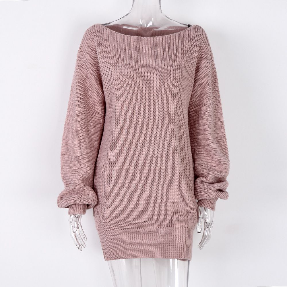 Fashion Women's Knit Tops Solid Color Long Sleeve Off-Shoulder Casual Loose Knit Sweater Dress